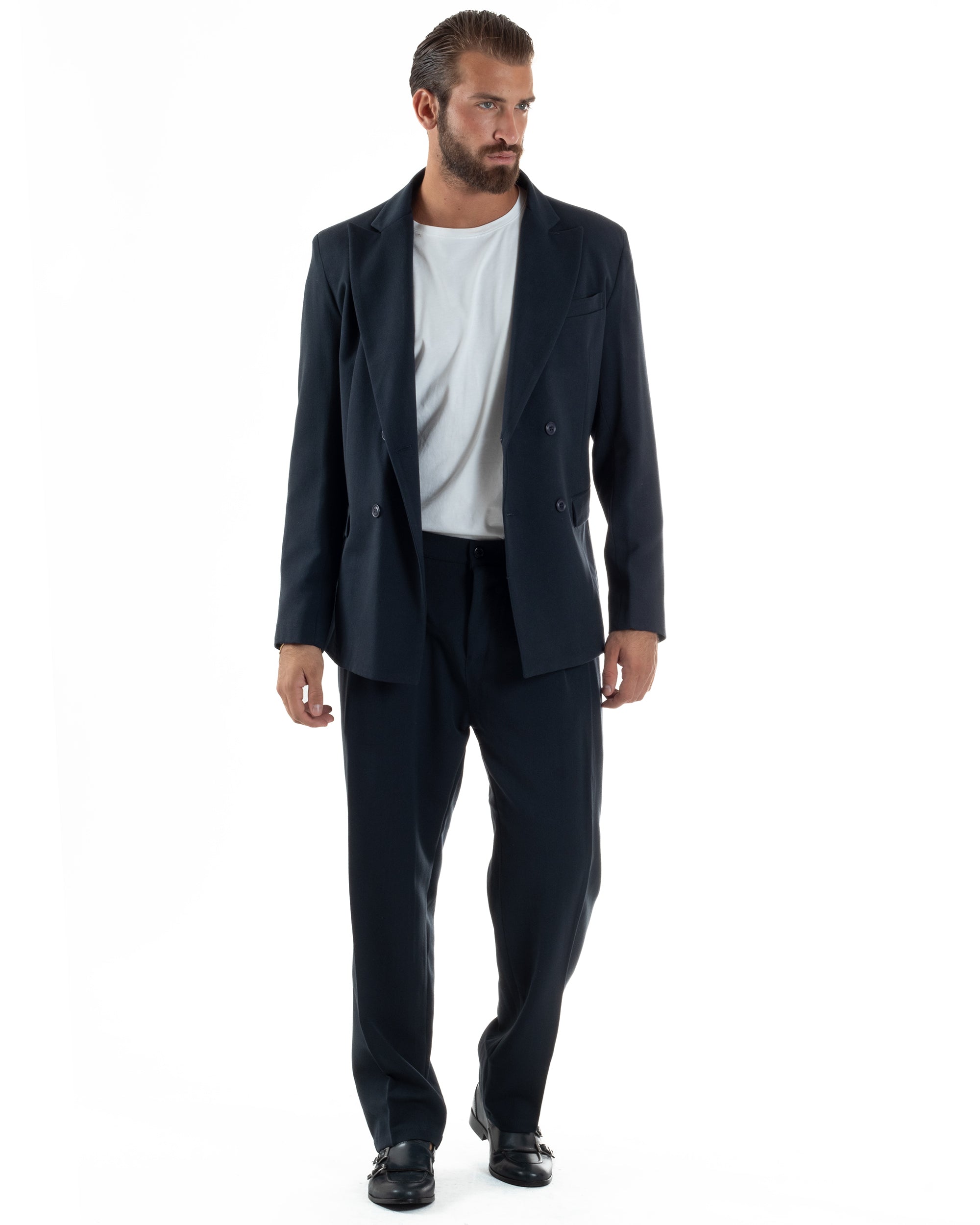 Abito Uomo Doppiopetto Viscosa Pantaloni Baggy Blu AE1192A