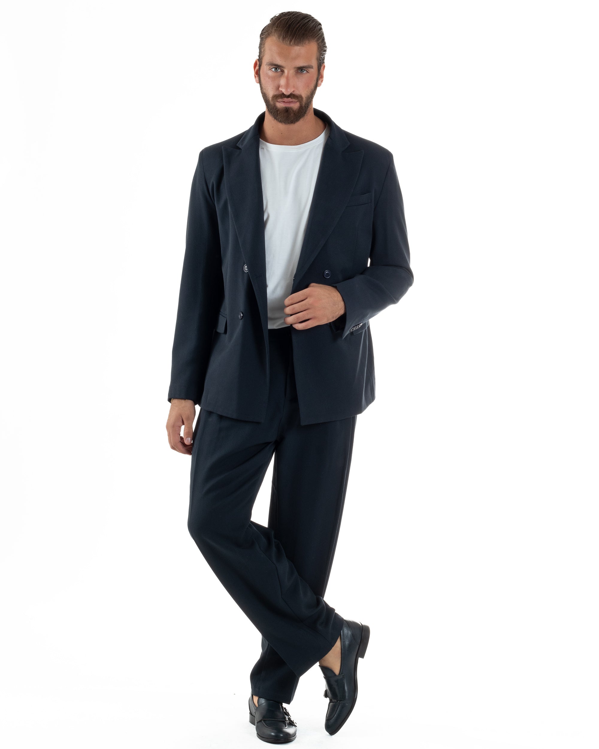 Abito Uomo Doppiopetto Viscosa Pantaloni Baggy Blu AE1192A