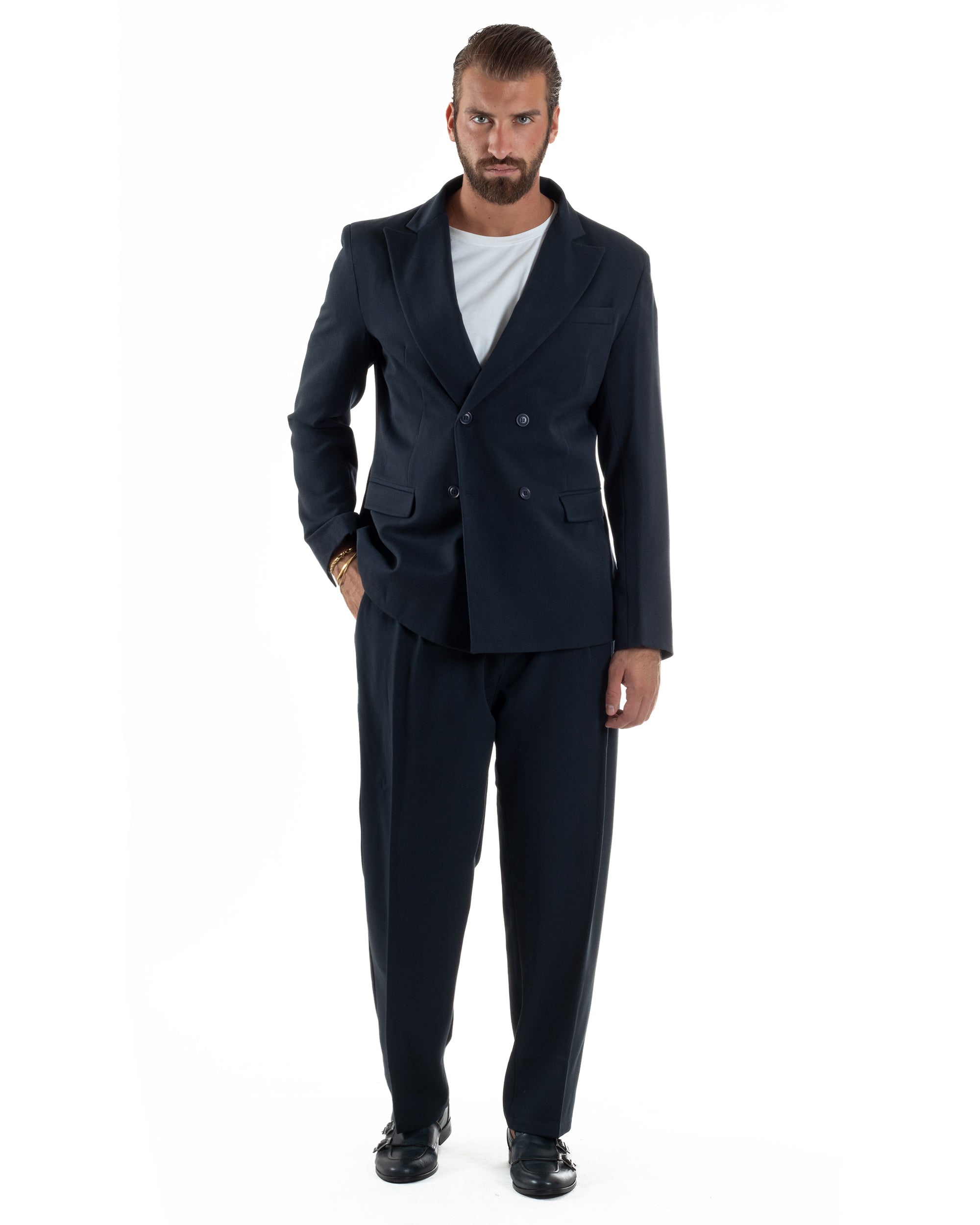 Abito Uomo Doppiopetto Viscosa Pantaloni Baggy Blu AE1192A