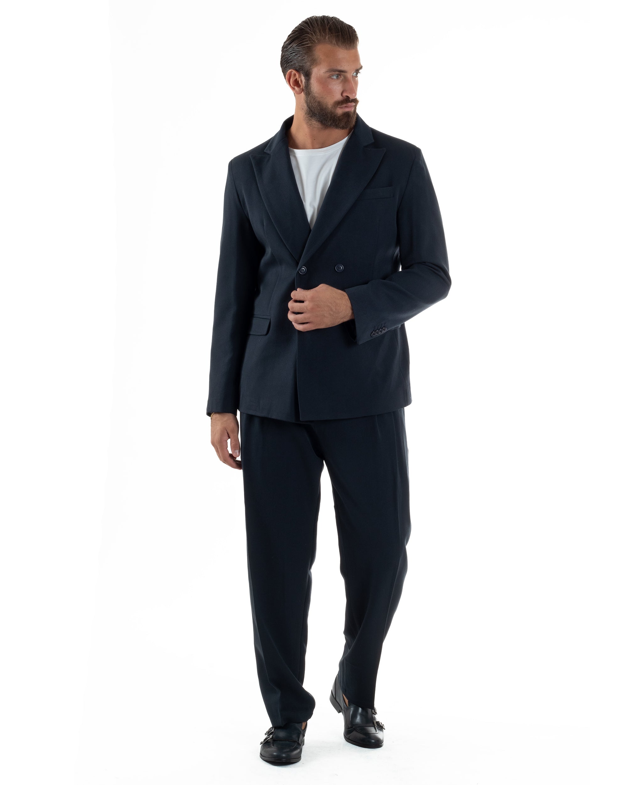 Abito Uomo Doppiopetto Viscosa Pantaloni Baggy Blu AE1192A