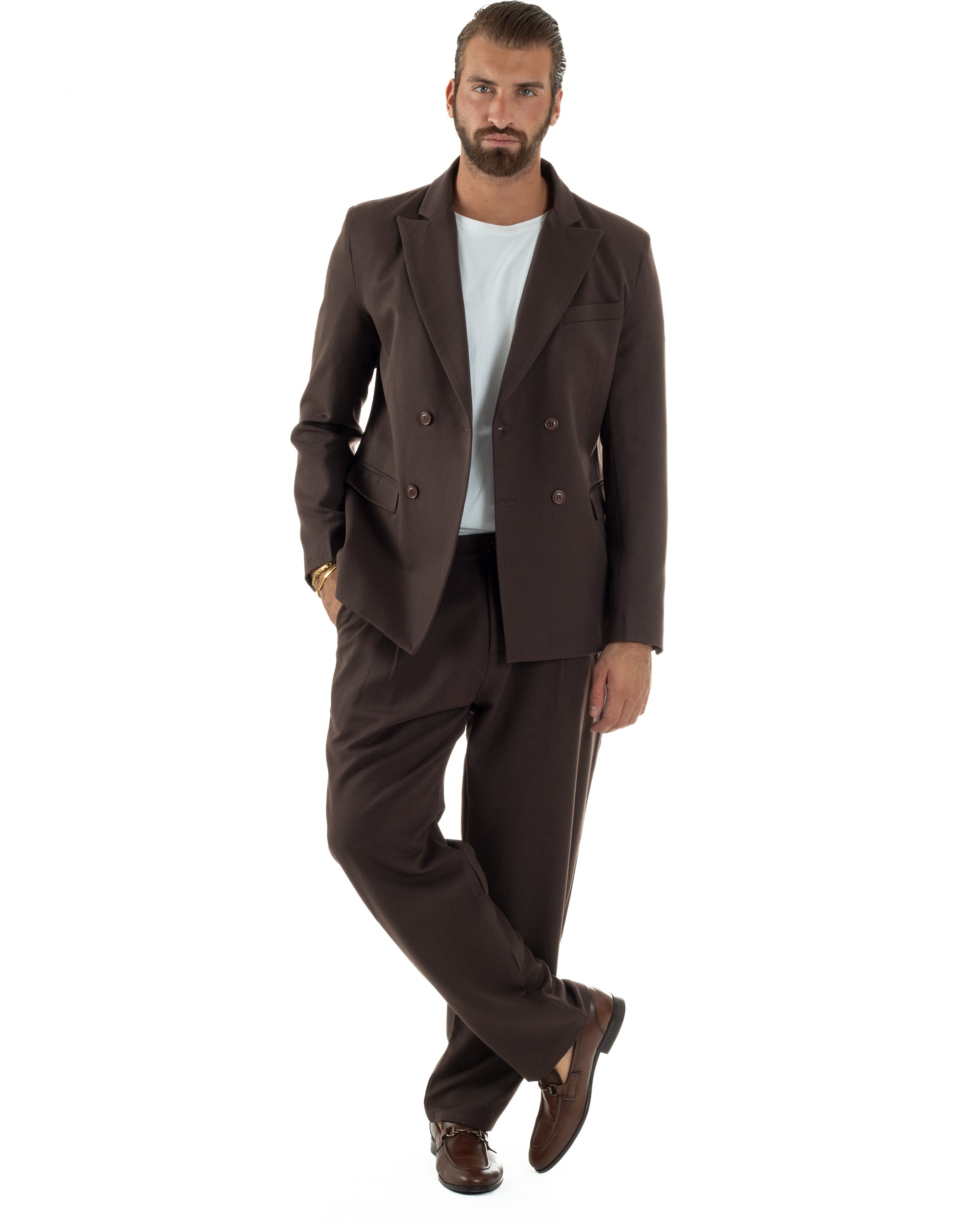 Abito Uomo Doppiopetto Viscosa Pantaloni Baggy Marrone AE1193A