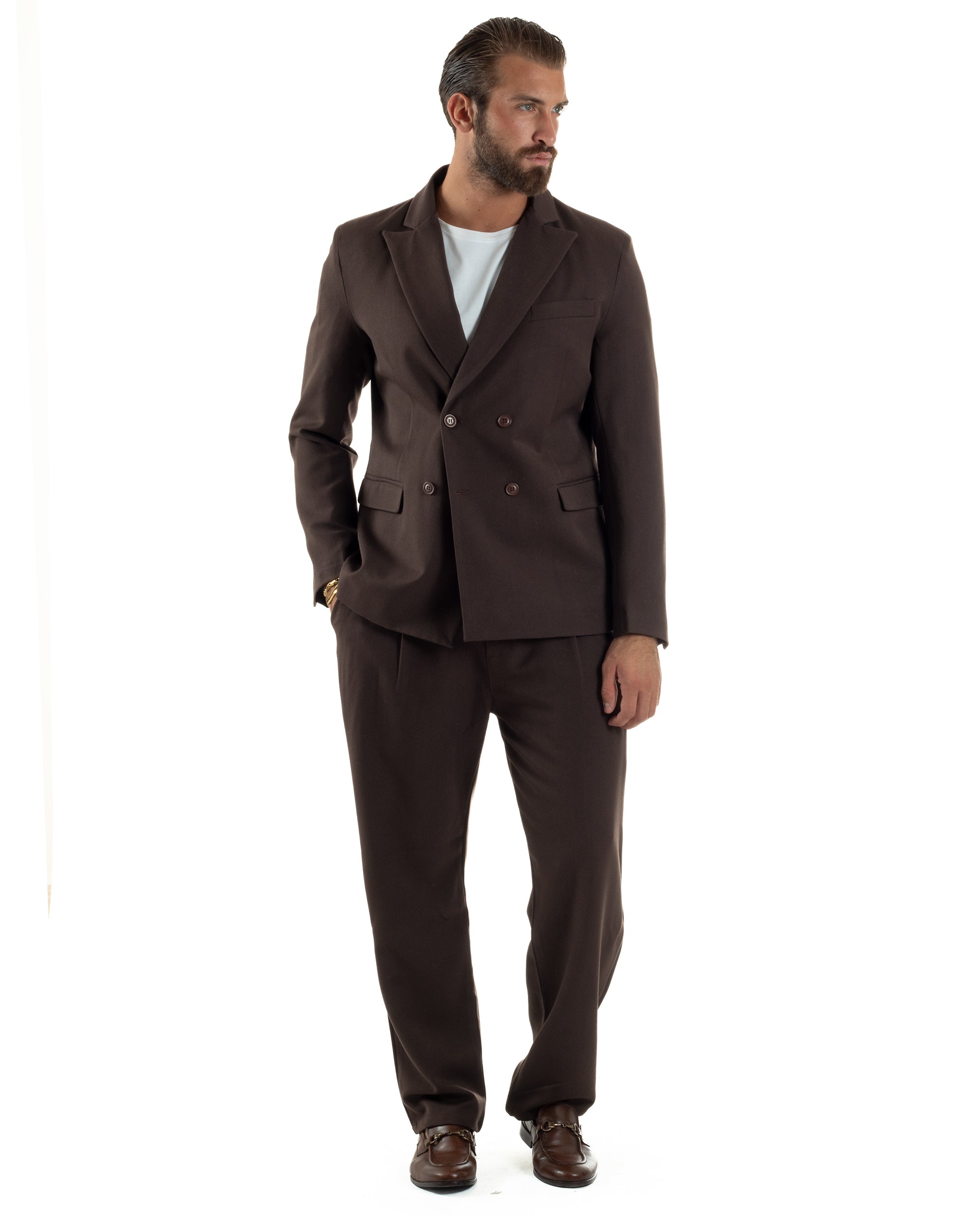 Abito Uomo Doppiopetto Viscosa Pantaloni Baggy Marrone AE1193A
