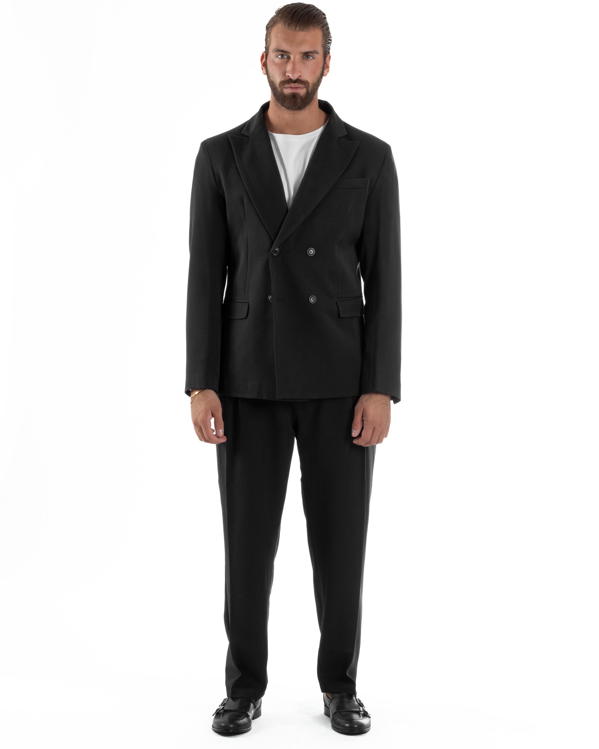 Abito Uomo Doppiopetto Viscosa Pantaloni Baggy Nero AE1194A