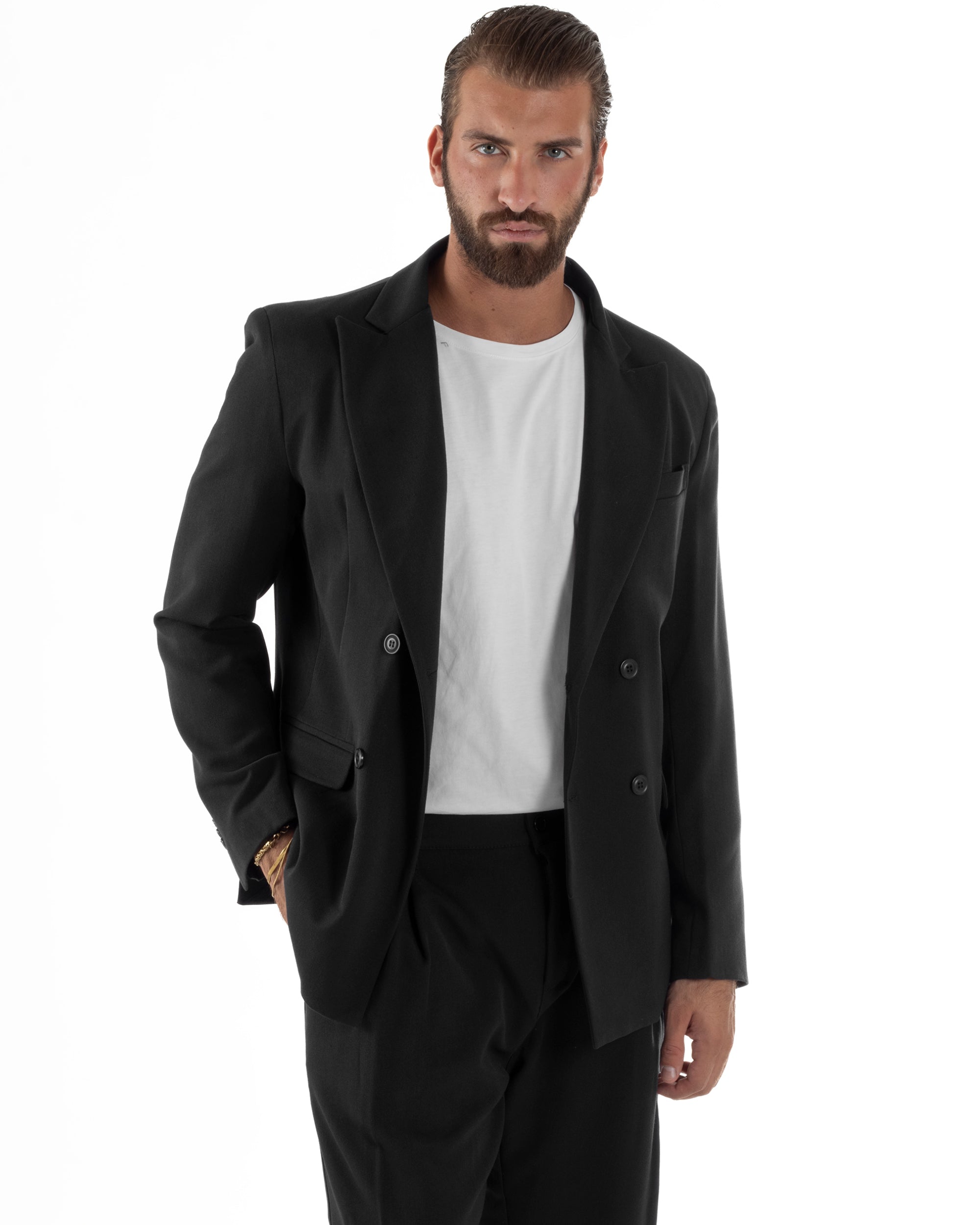 Abito Uomo Doppiopetto Viscosa Pantaloni Baggy Nero AE1194A