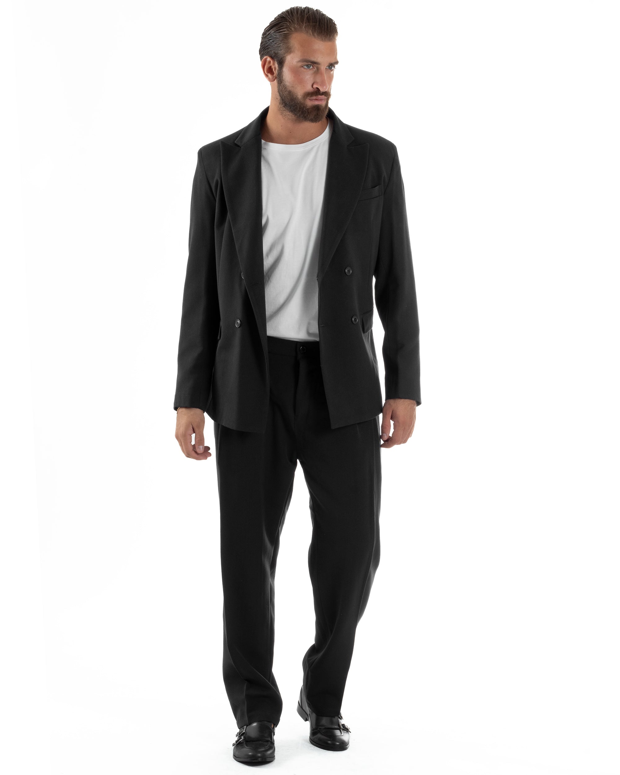 Abito Uomo Doppiopetto Viscosa Pantaloni Baggy Nero AE1194A