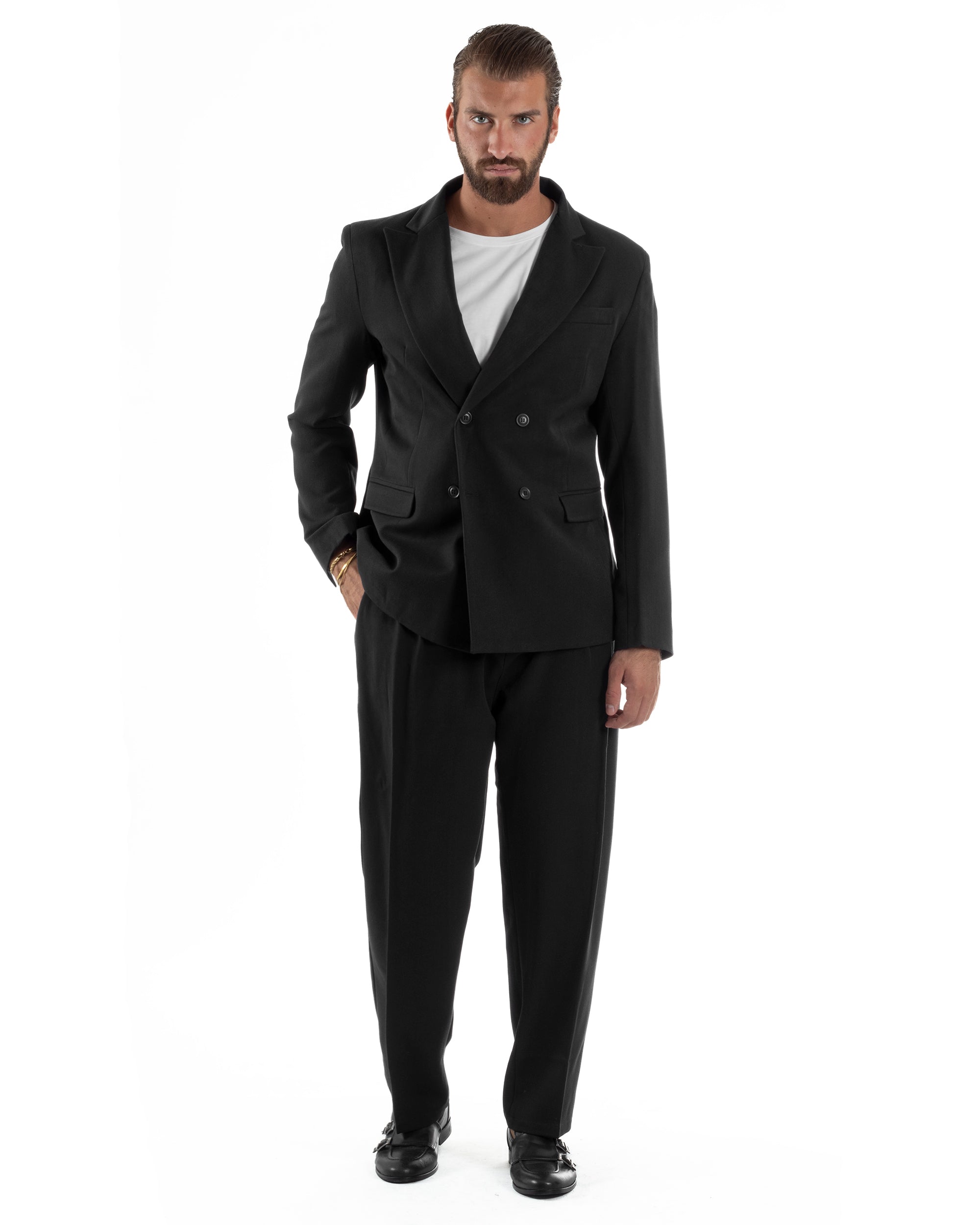 Abito Uomo Doppiopetto Viscosa Pantaloni Baggy Nero AE1194A