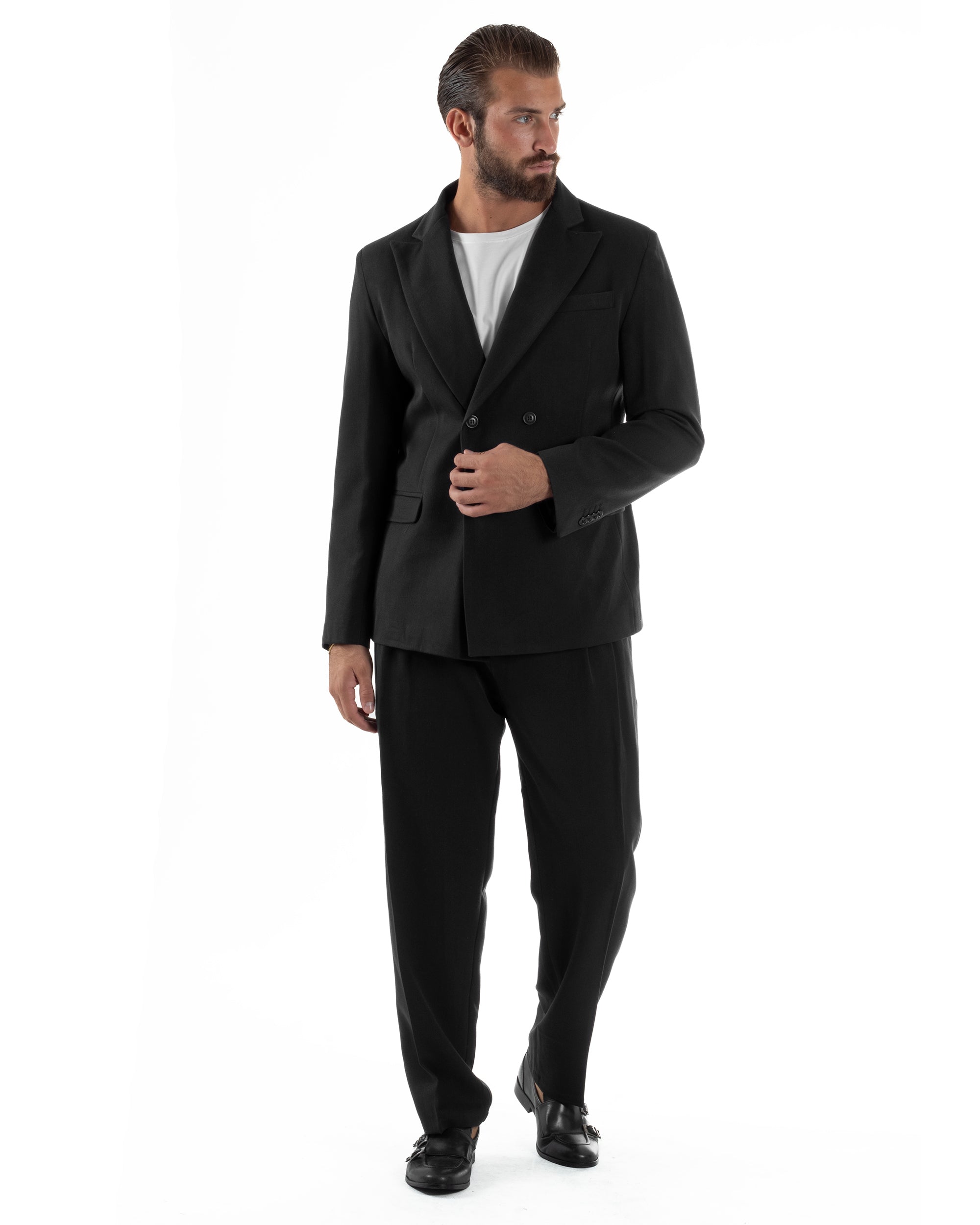 Abito Uomo Doppiopetto Viscosa Pantaloni Baggy Nero AE1194A