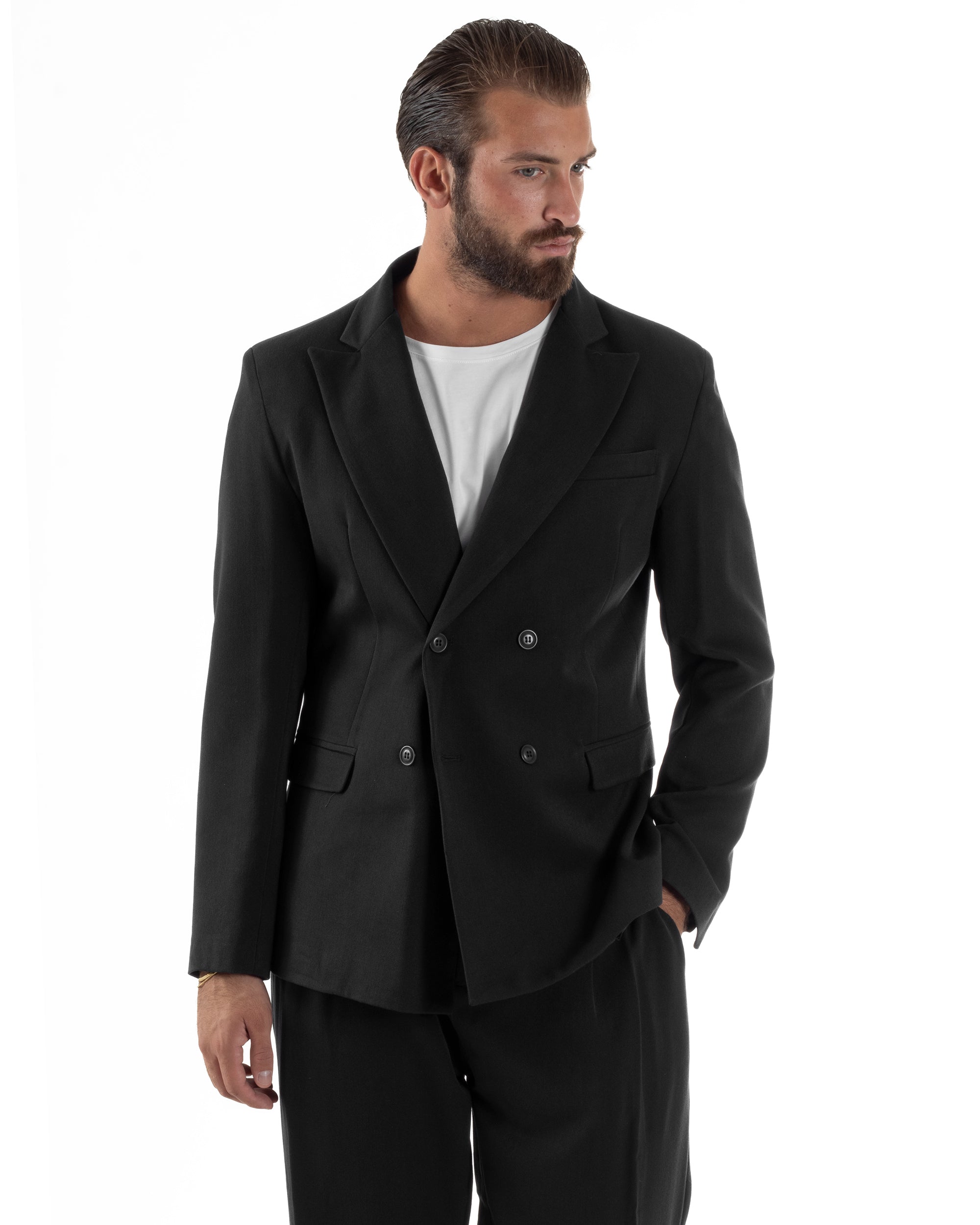 Abito Uomo Doppiopetto Viscosa Pantaloni Baggy Nero AE1194A