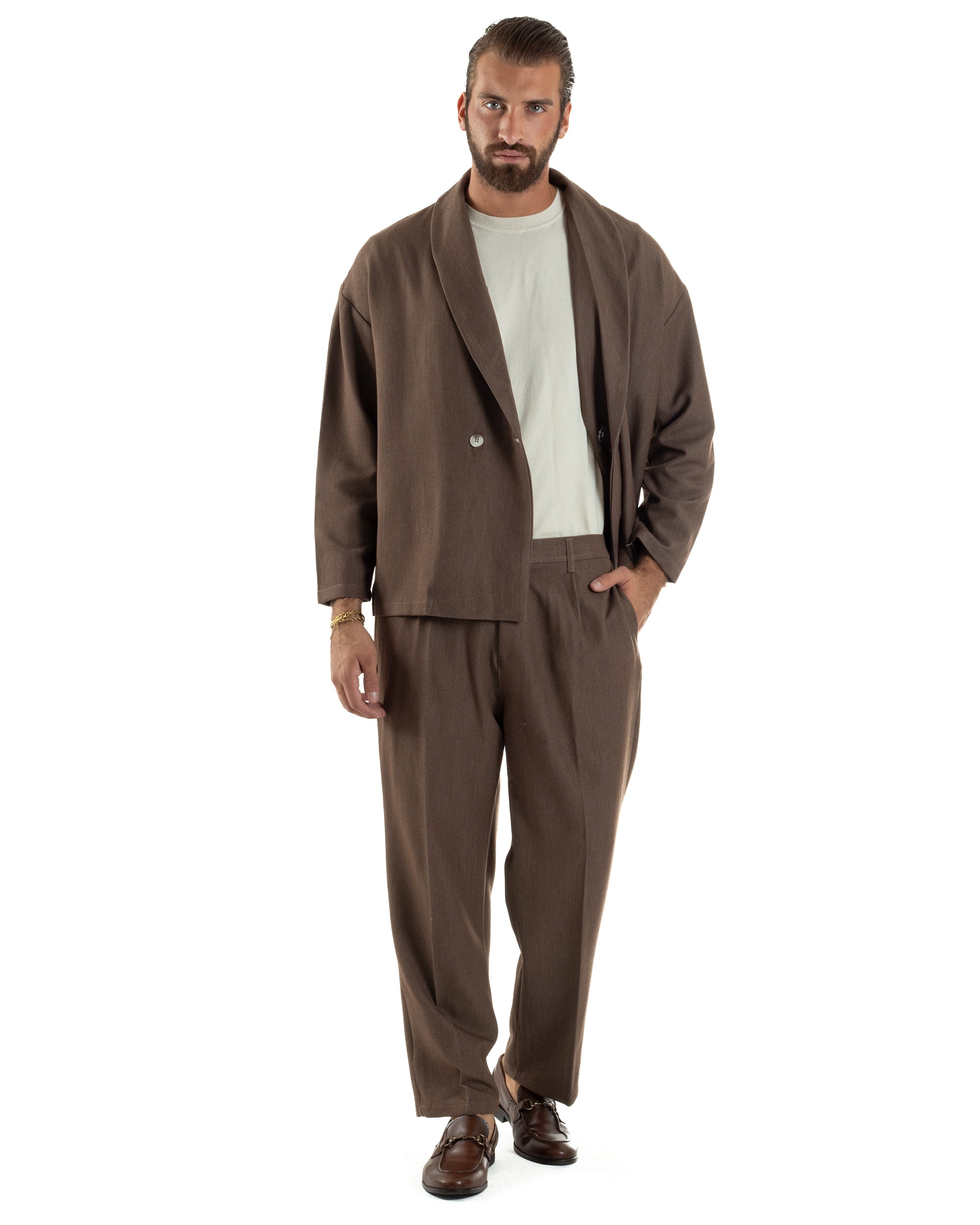 Abito Uomo Viscosa Giacca Doppiopetto Cropped Pantaloni Baggy Marrone AE1195A