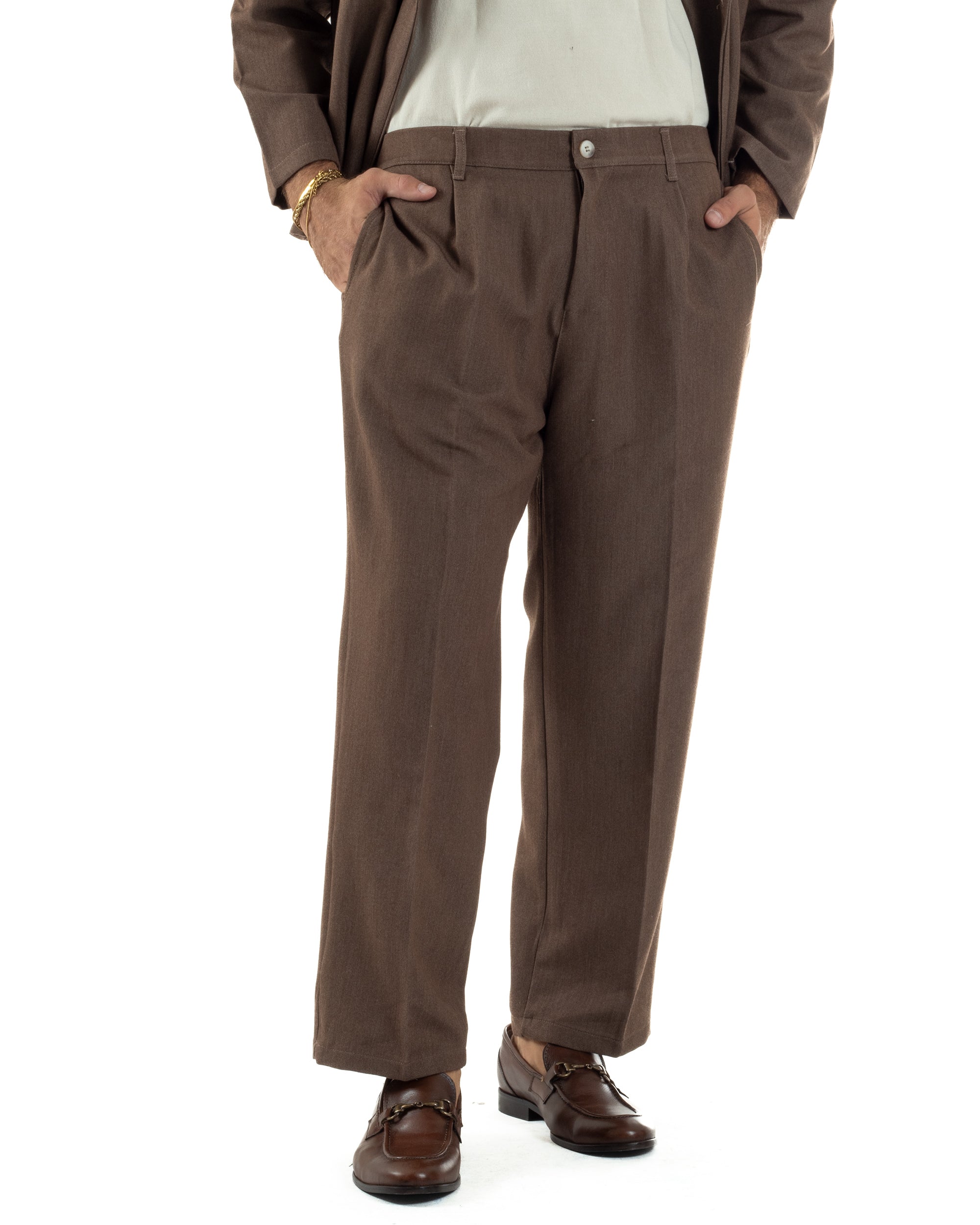 Abito Uomo Viscosa Giacca Doppiopetto Cropped Pantaloni Baggy Marrone AE1195A