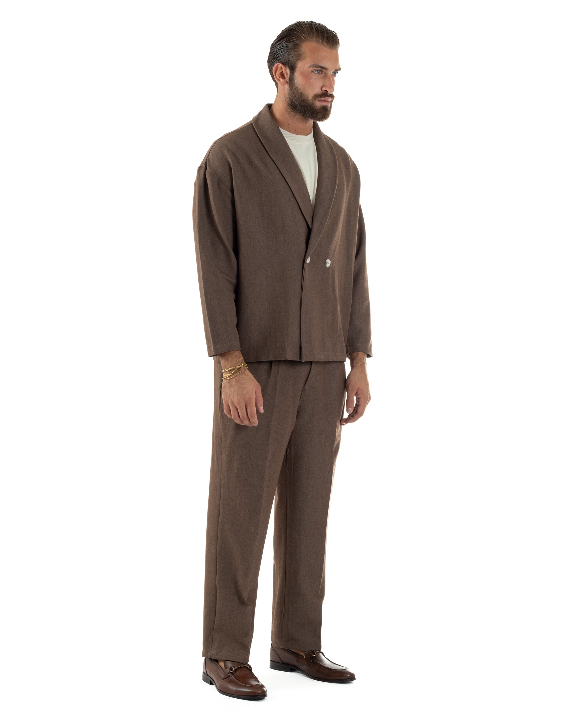 Abito Uomo Viscosa Giacca Doppiopetto Cropped Pantaloni Baggy Marrone AE1195A