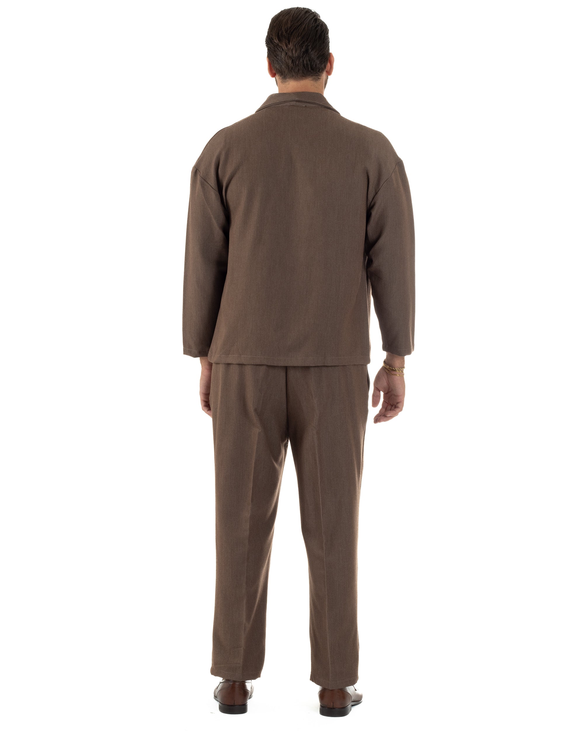 Abito Uomo Viscosa Giacca Doppiopetto Cropped Pantaloni Baggy Marrone AE1195A