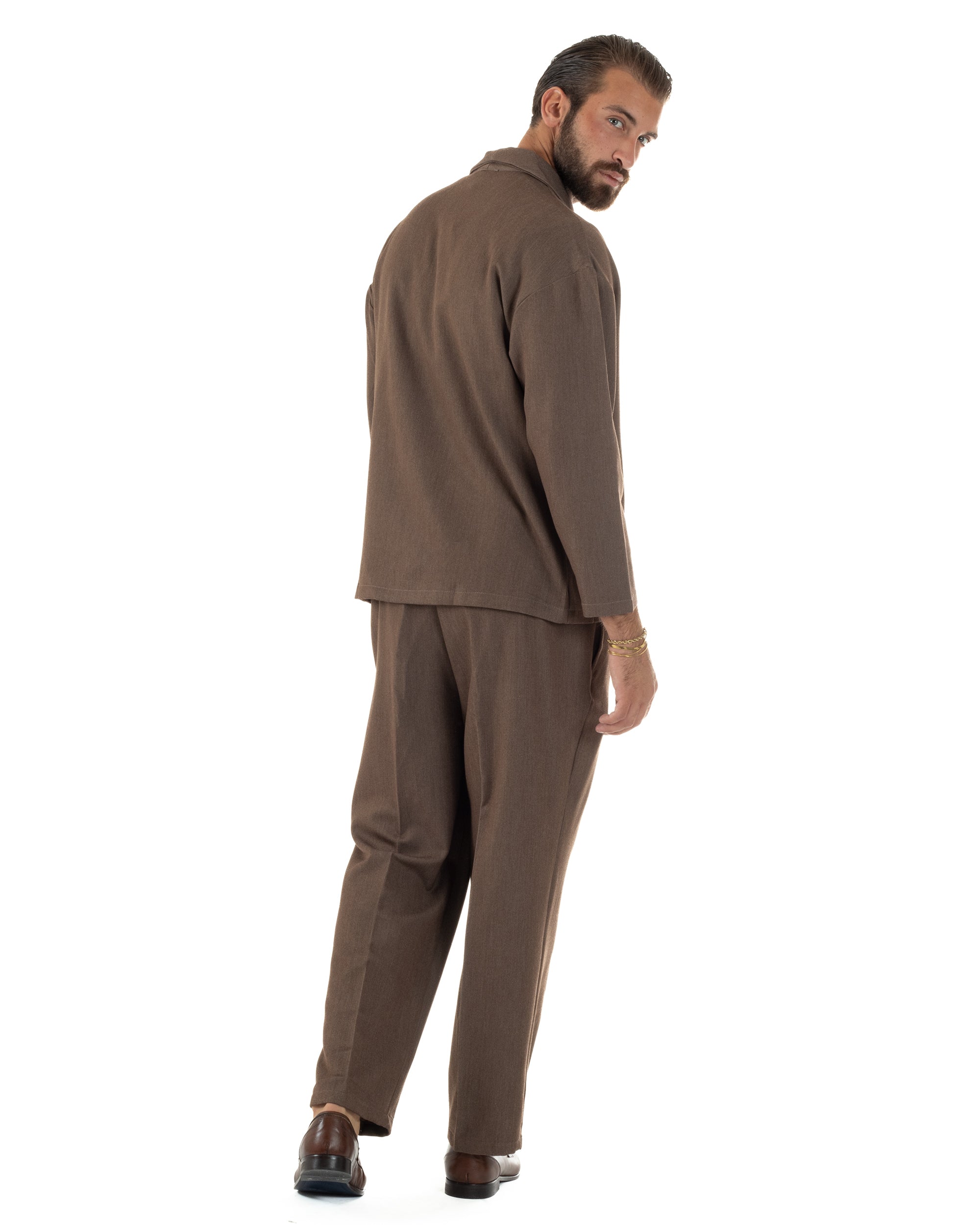 Abito Uomo Viscosa Giacca Doppiopetto Cropped Pantaloni Baggy Marrone AE1195A