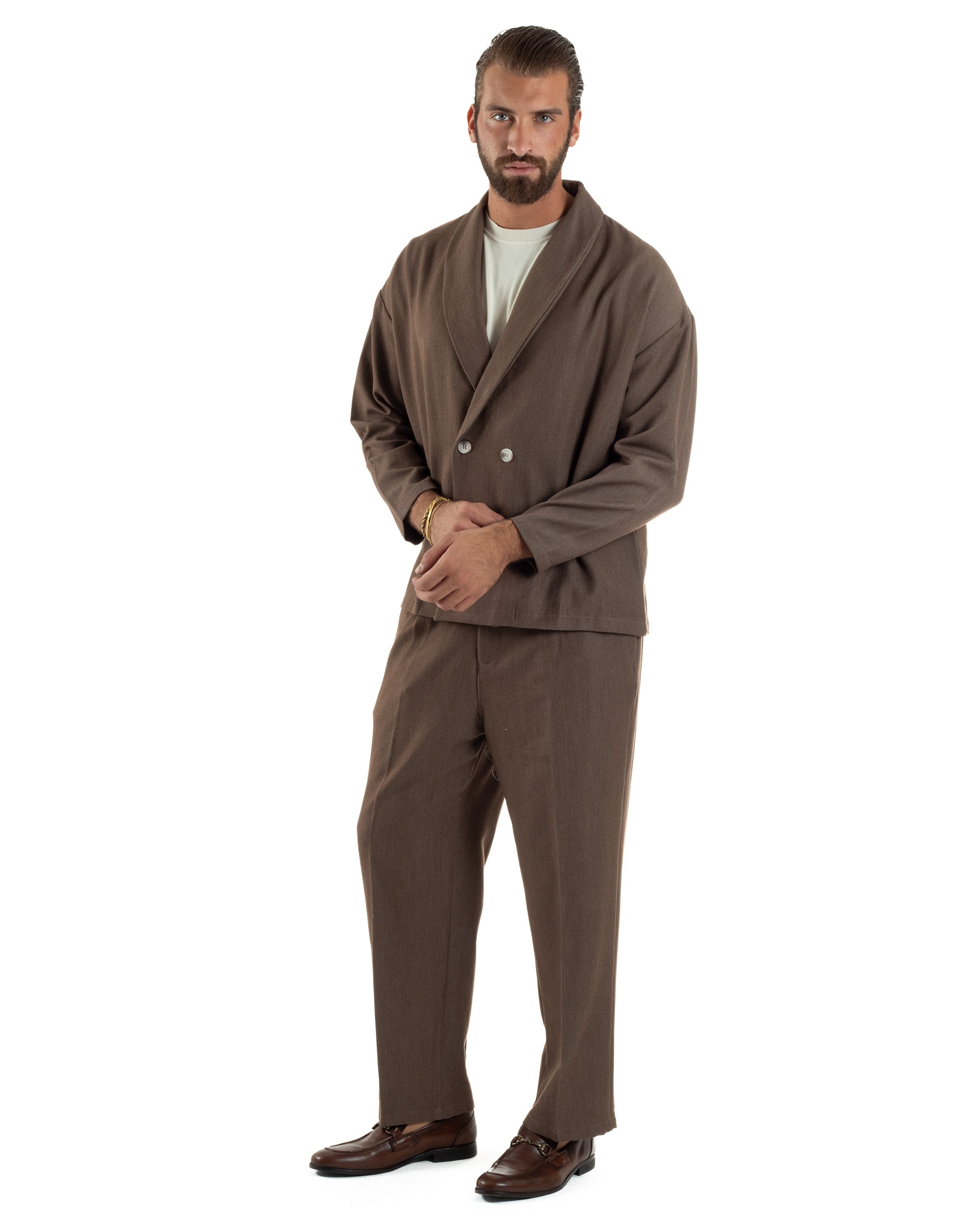 Abito Uomo Viscosa Giacca Doppiopetto Cropped Pantaloni Baggy Marrone AE1195A