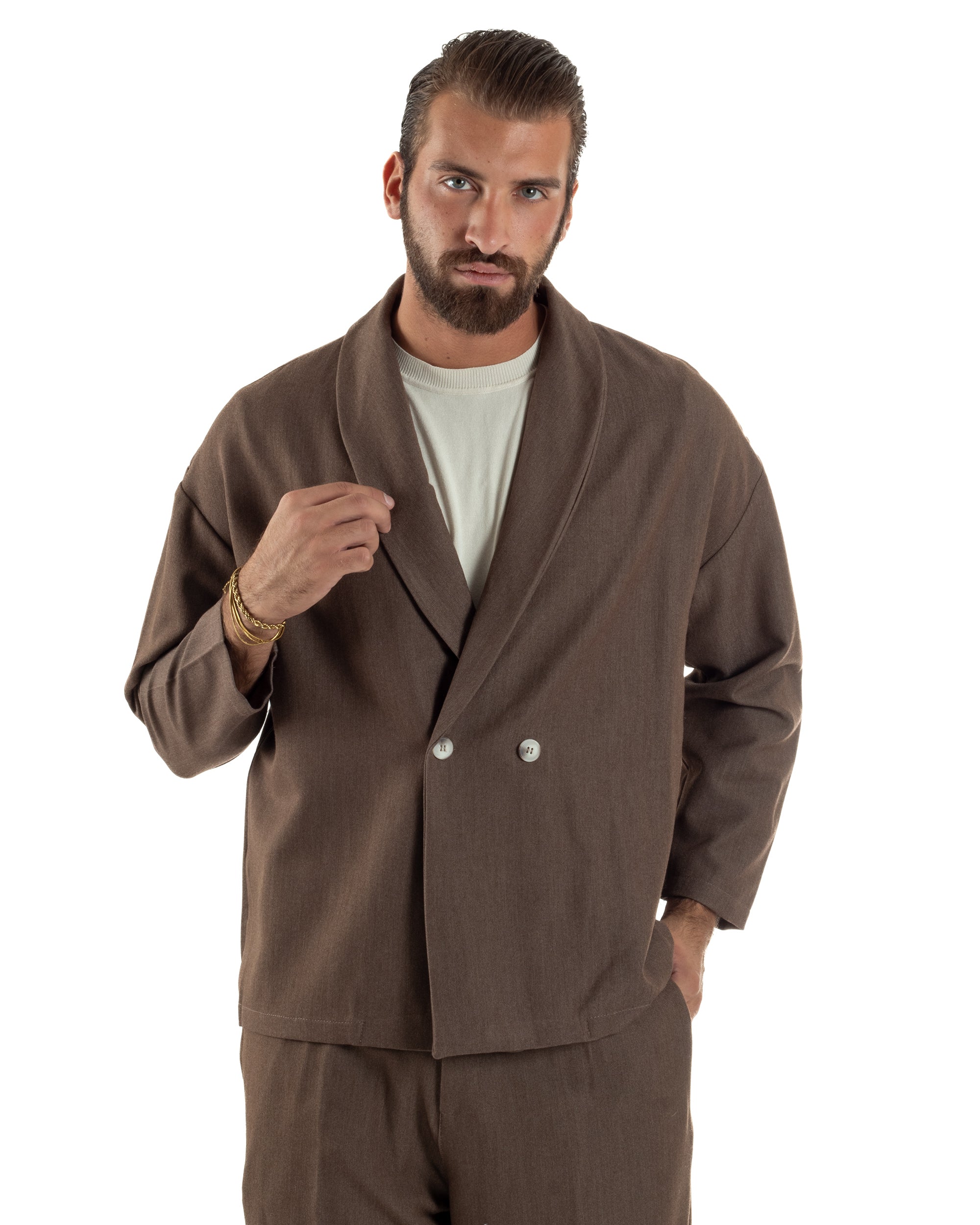 Abito Uomo Viscosa Giacca Doppiopetto Cropped Pantaloni Baggy Marrone AE1195A