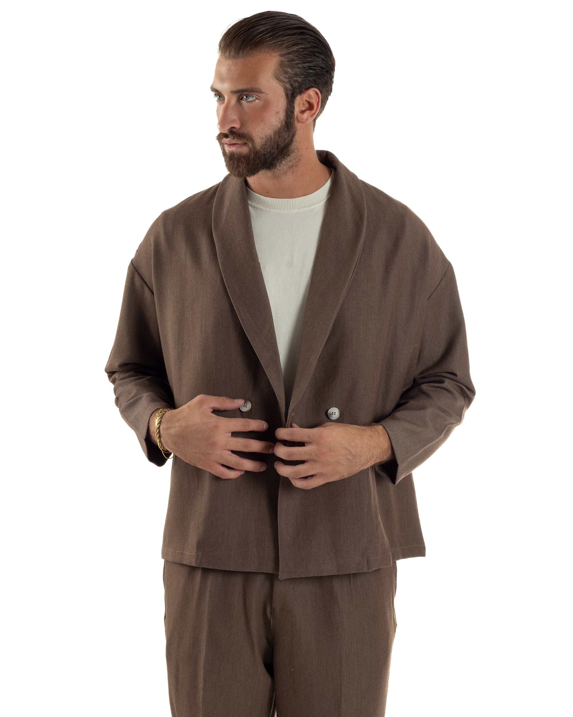 Abito Uomo Viscosa Giacca Doppiopetto Cropped Pantaloni Baggy Marrone AE1195A
