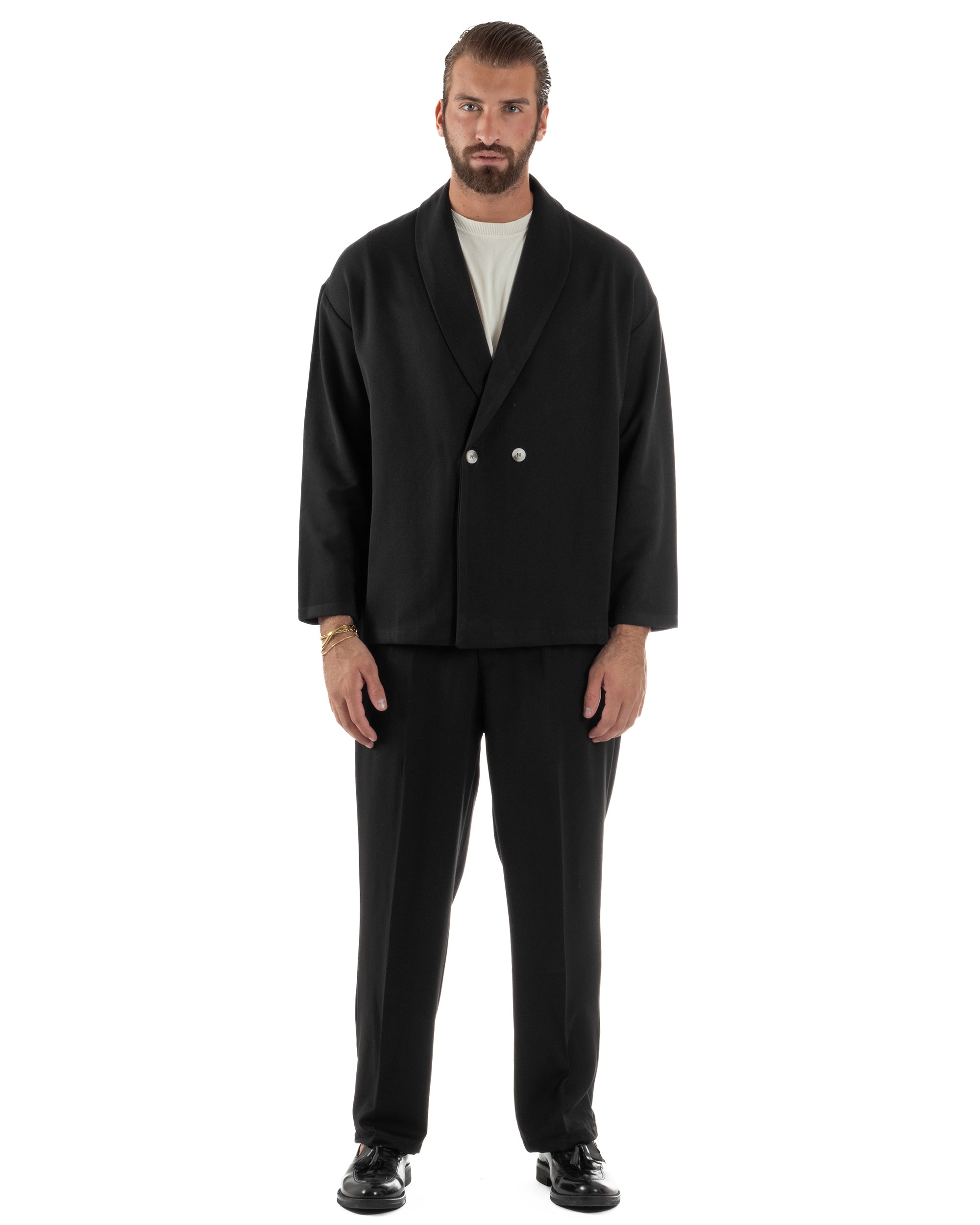 Abito Uomo Viscosa Giacca Doppiopetto Cropped Pantaloni Baggy Nero AE1196A