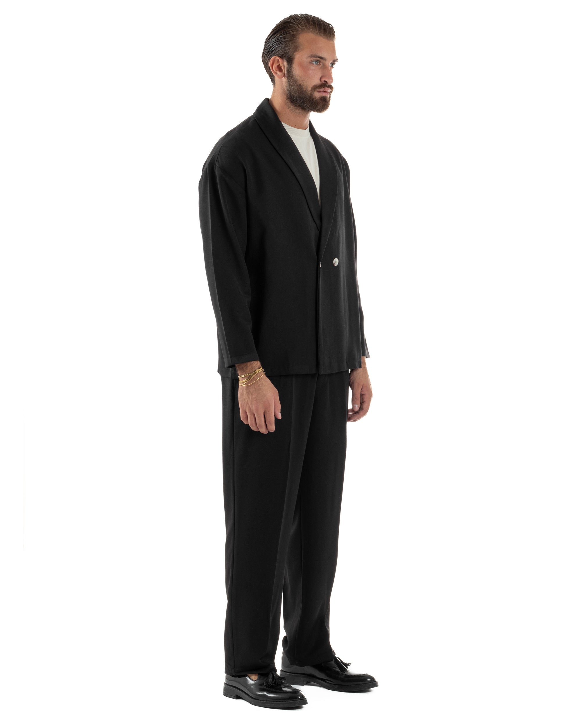 Abito Uomo Viscosa Giacca Doppiopetto Cropped Pantaloni Baggy Nero AE1196A