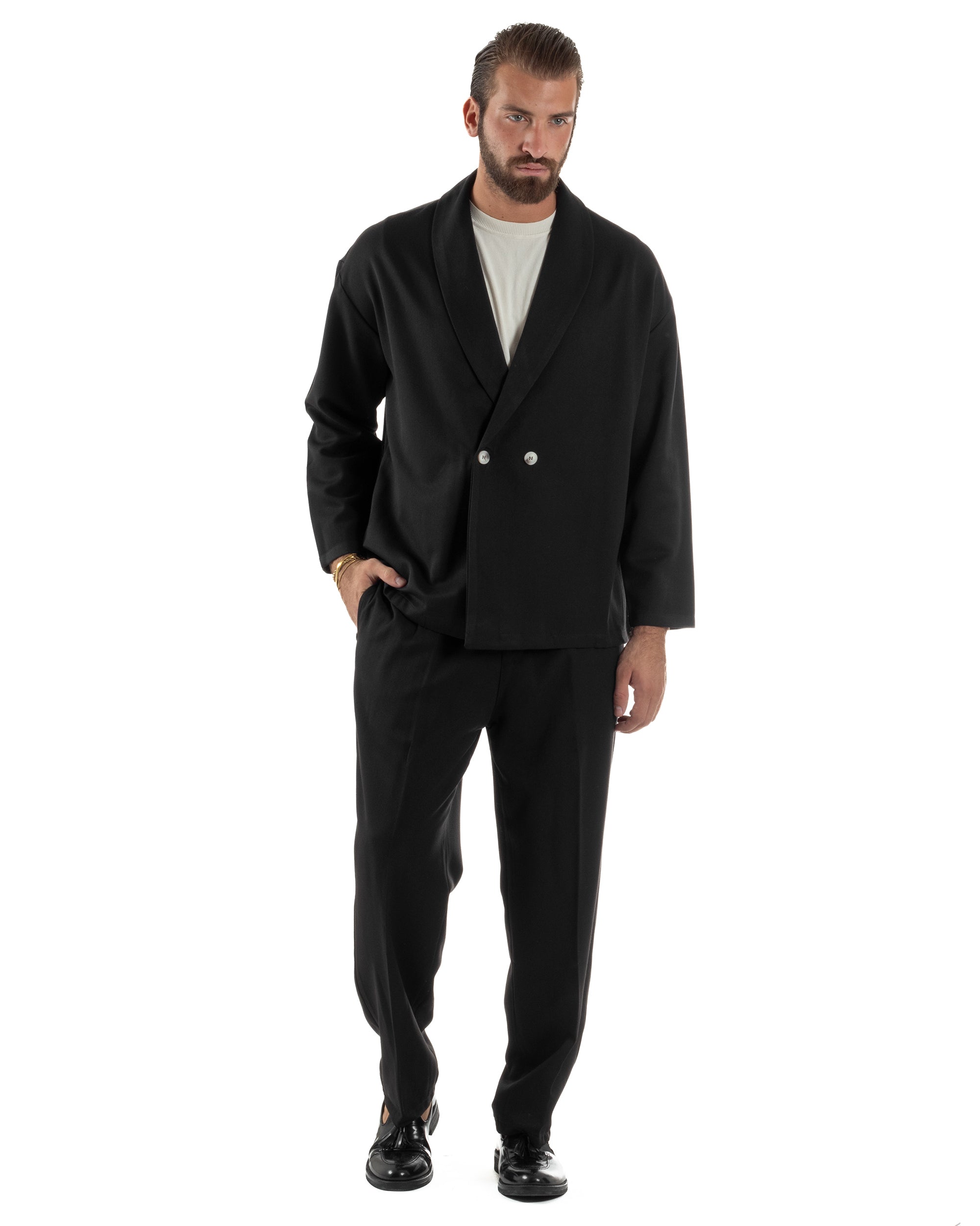 Abito Uomo Viscosa Giacca Doppiopetto Cropped Pantaloni Baggy Nero AE1196A