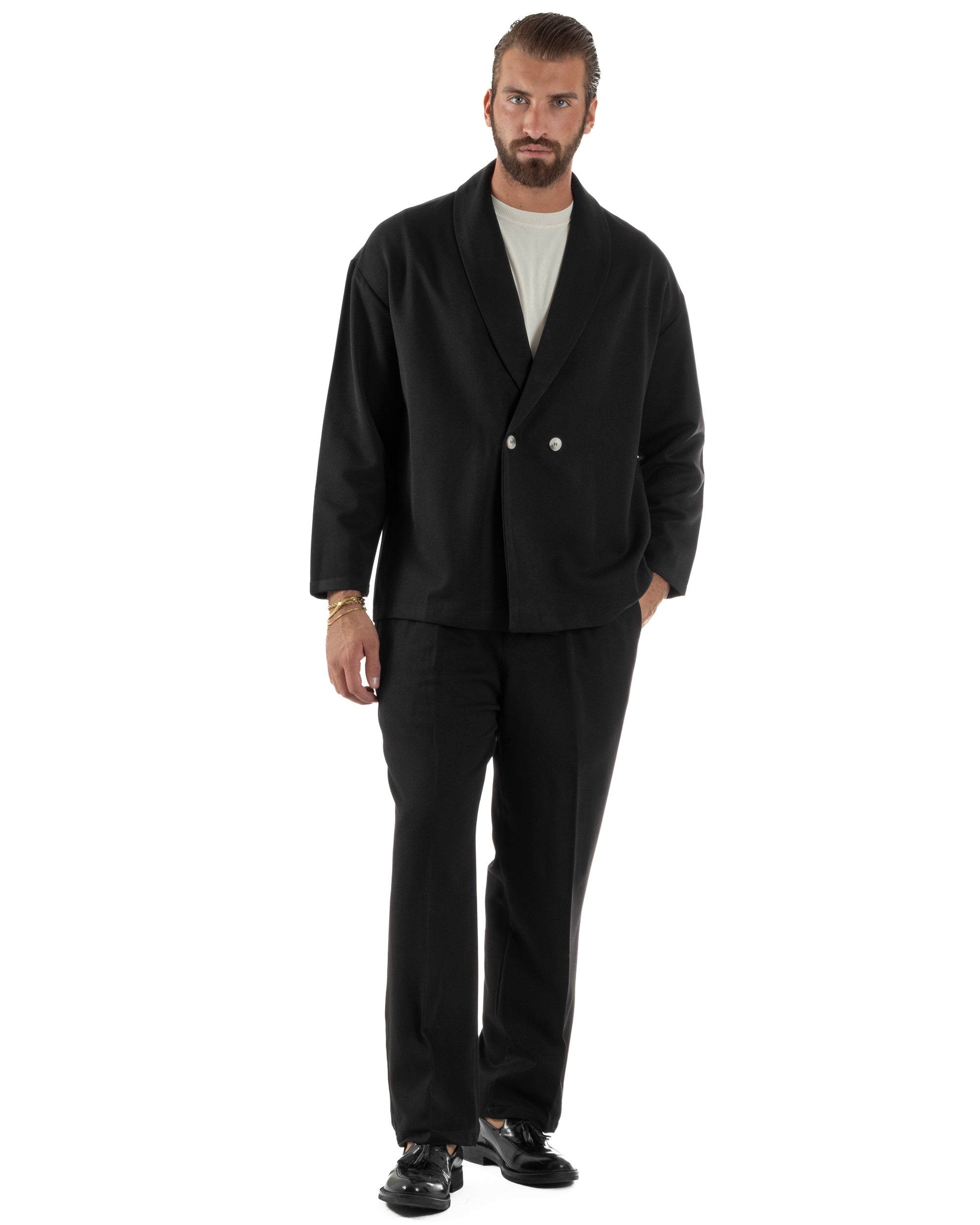 Abito Uomo Viscosa Giacca Doppiopetto Cropped Pantaloni Baggy Nero AE1196A