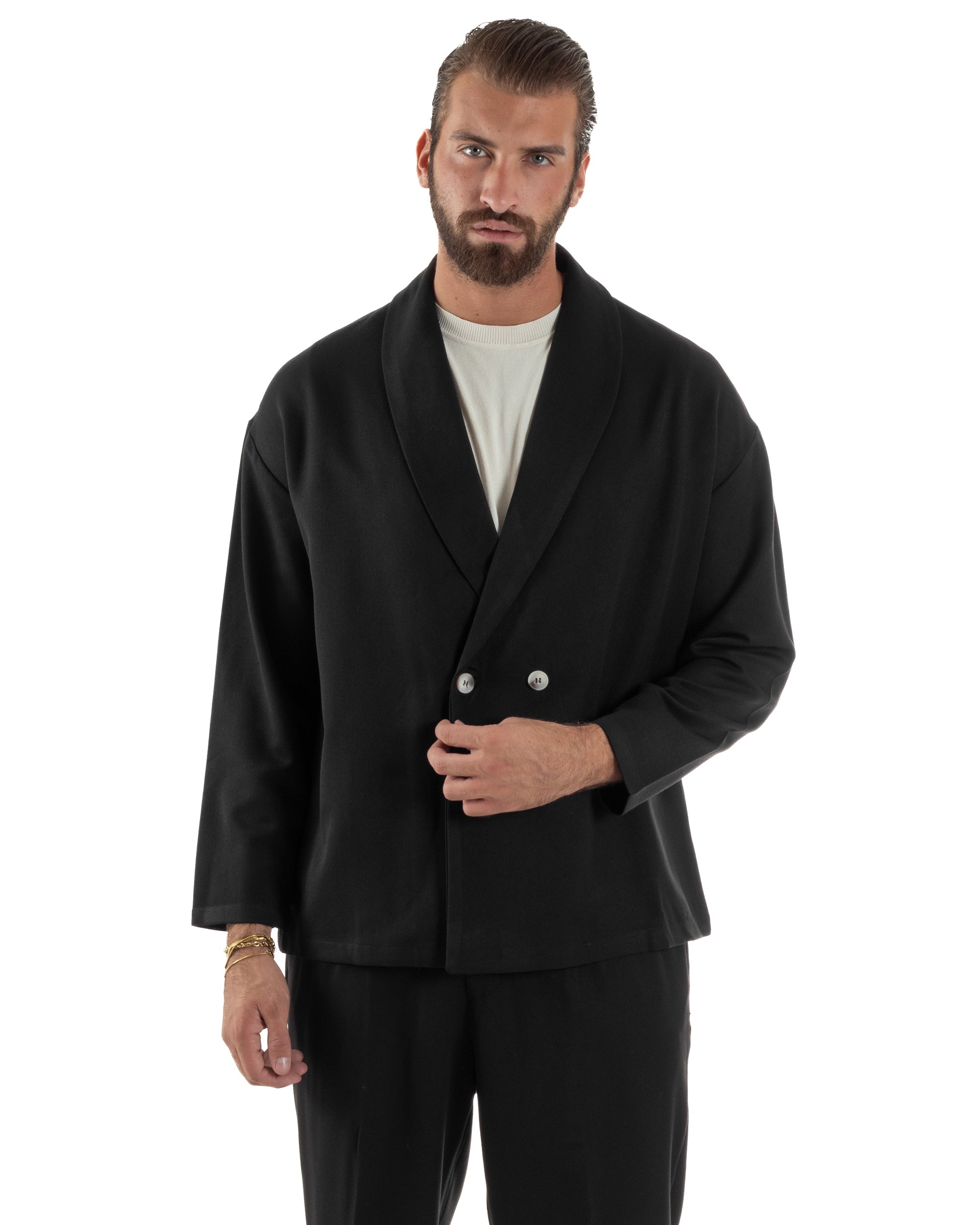 Abito Uomo Viscosa Giacca Doppiopetto Cropped Pantaloni Baggy Nero AE1196A
