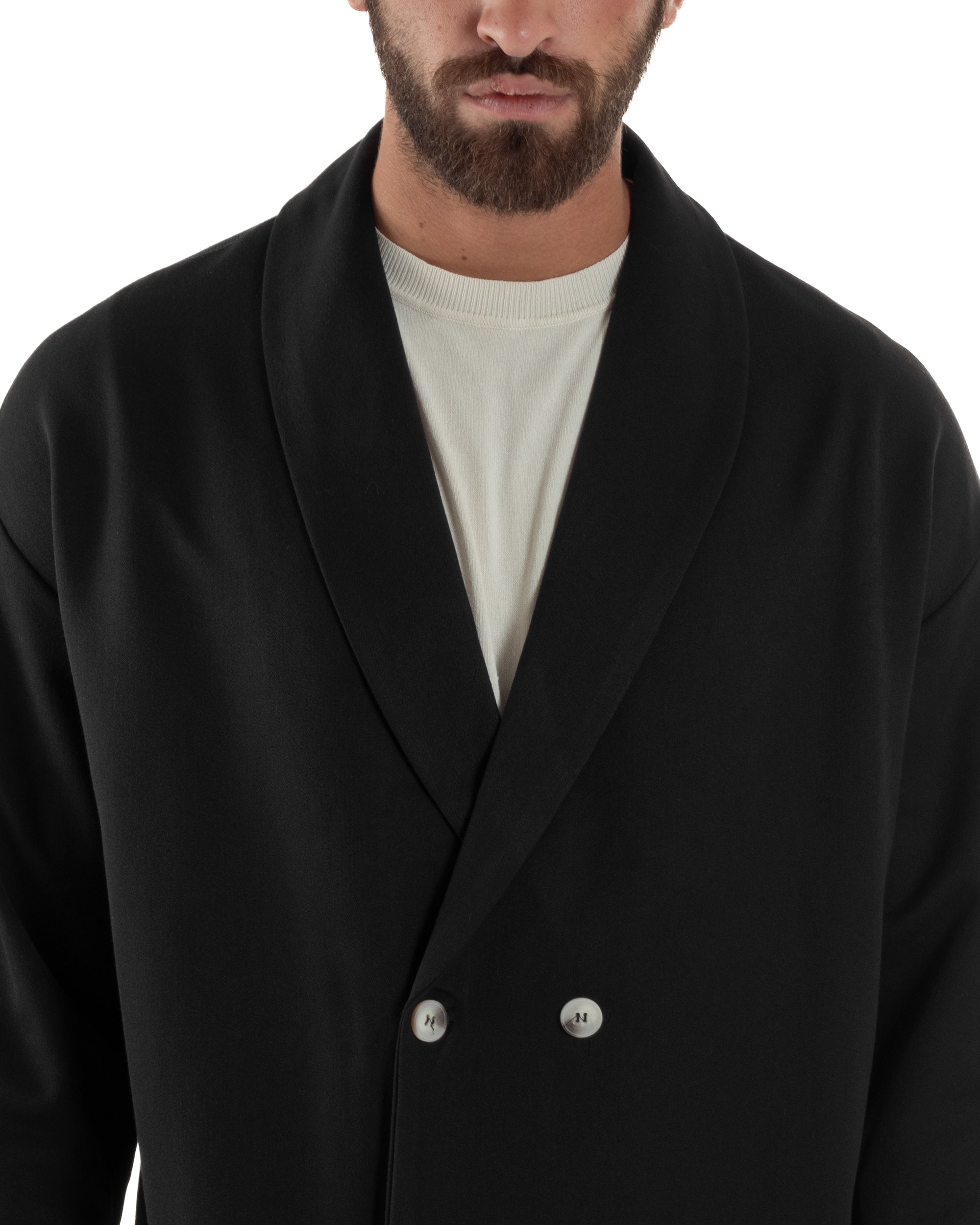 Abito Uomo Viscosa Giacca Doppiopetto Cropped Pantaloni Baggy Nero AE1196A