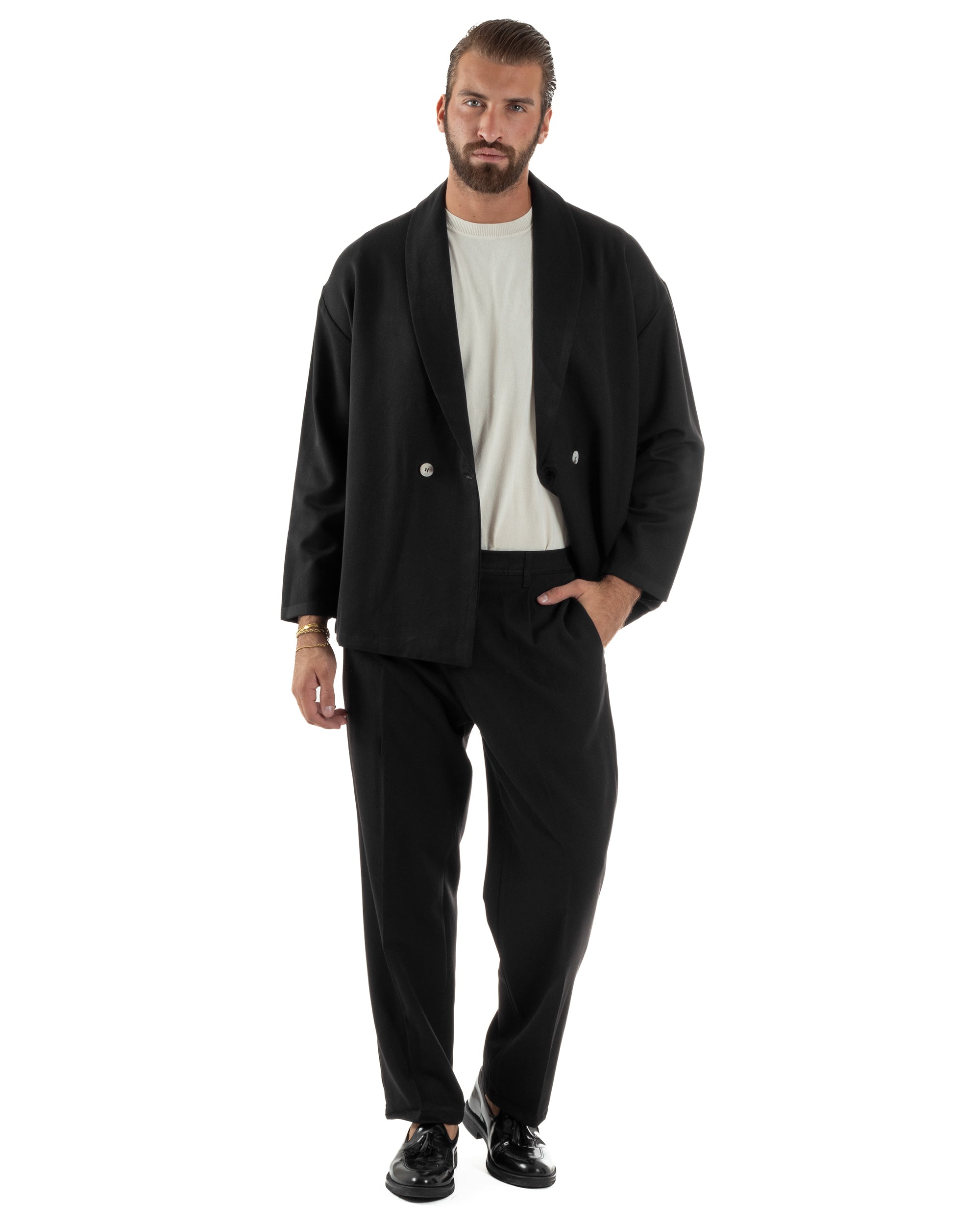 Abito Uomo Viscosa Giacca Doppiopetto Cropped Pantaloni Baggy Nero AE1196A