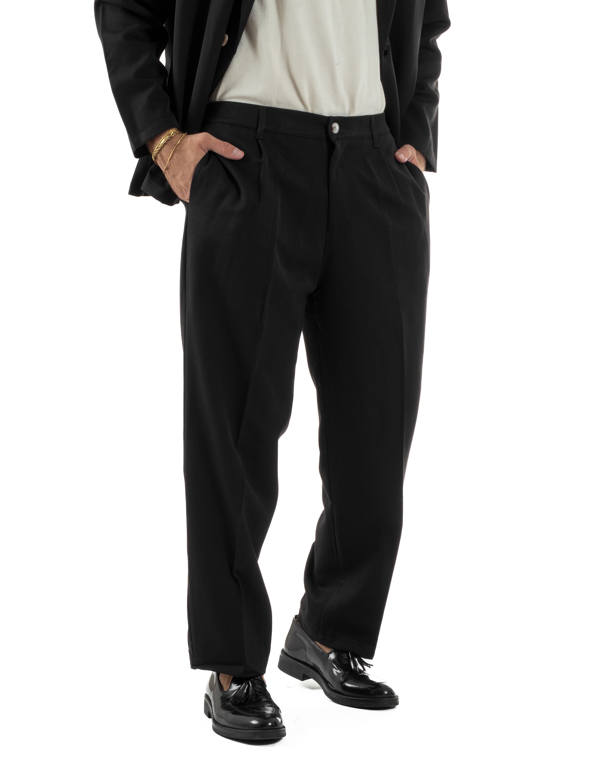 Abito Uomo Viscosa Giacca Doppiopetto Cropped Pantaloni Baggy Nero AE1196A