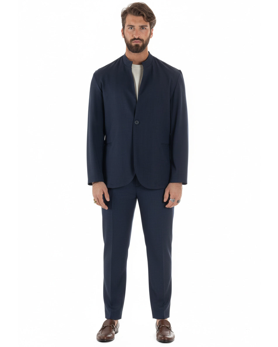 Vista frontale giacca blu monopetto collo coreano casual chic