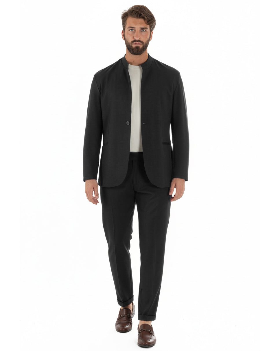 Abito monopetto uomo nero giacca collo coreano pantaloni casual elegante