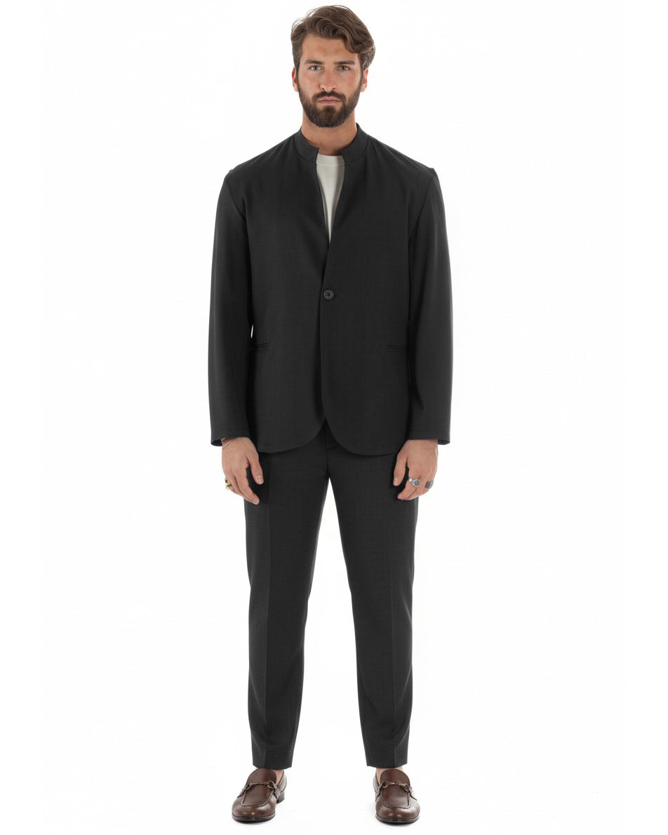 Vista frontale giacca nero monopetto collo coreano casual chic