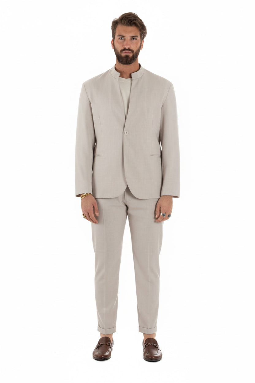 Vista completa abito uomo panna monopetto giacca coreana casual elegante