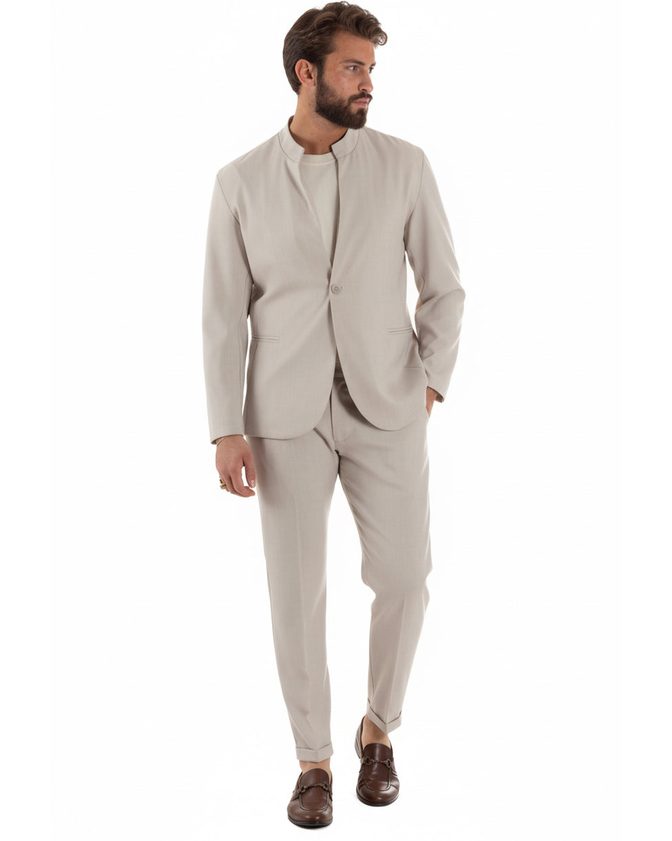 Vista frontale completa abito uomo panna monopetto giacca coreana regular fit