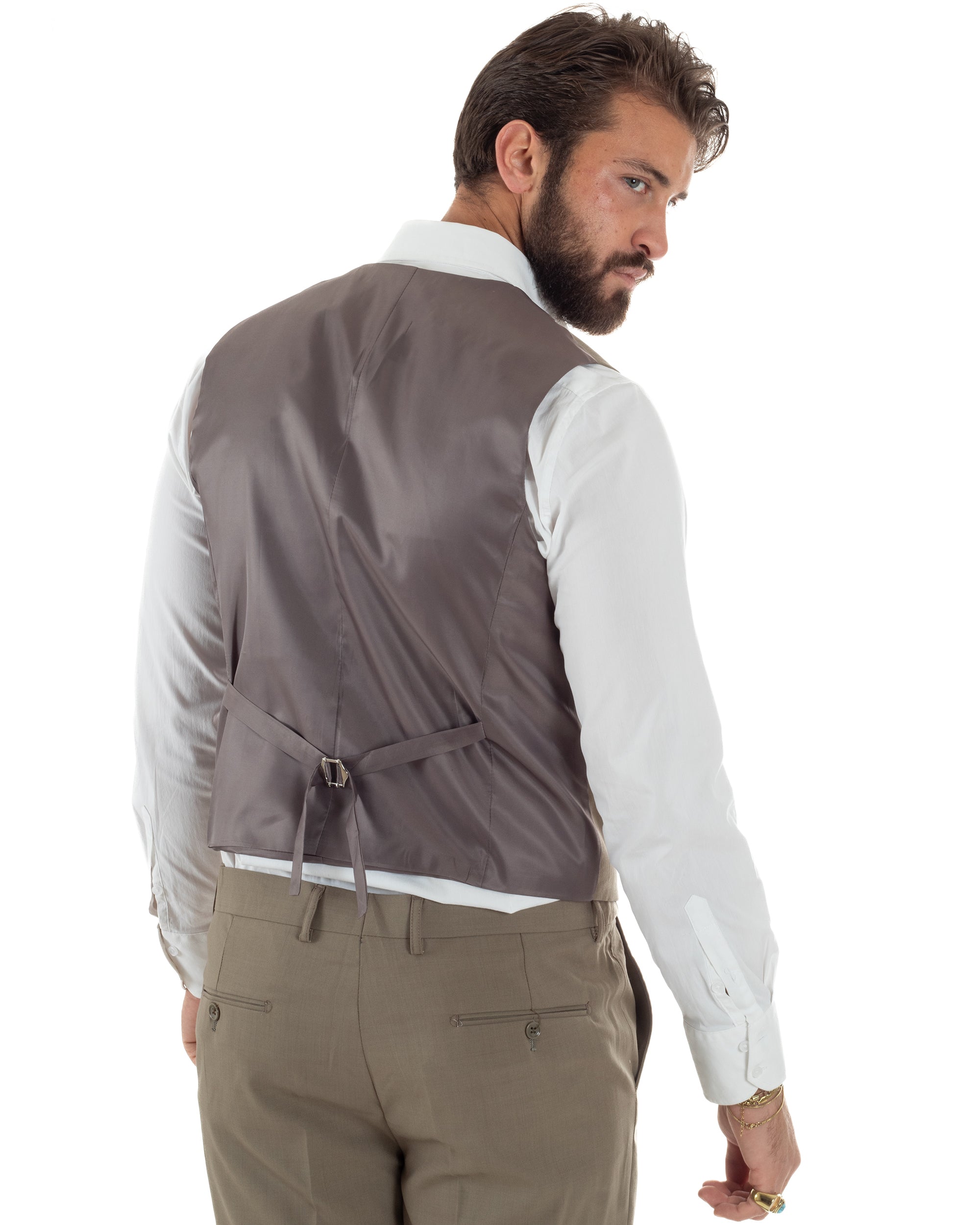 Vista posteriore completa abito uomo tortora monopetto 3 pezzi slim fit
