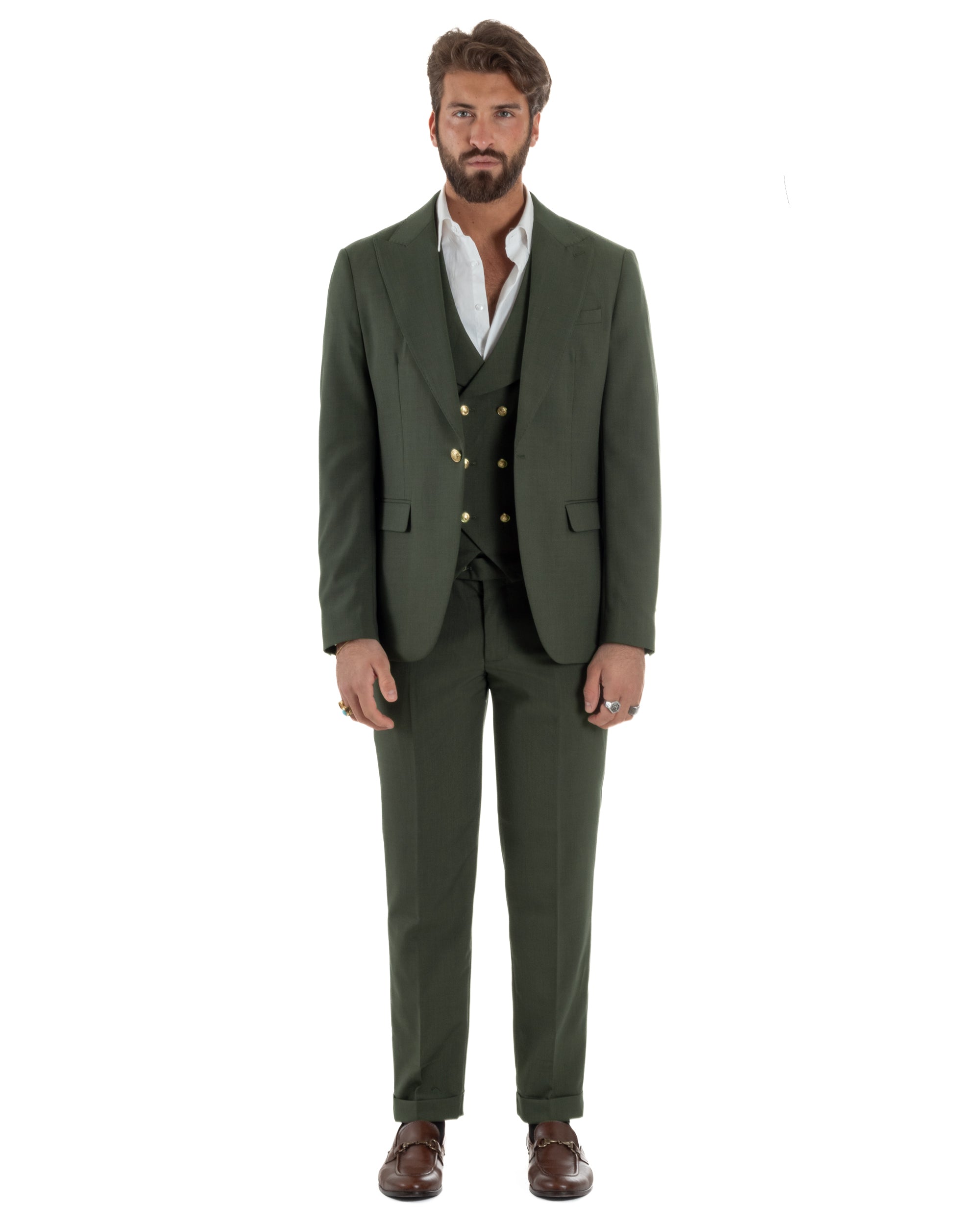 Men's Suit Single-breasted 3-piece Gold Button Vest Military Green GIOSAL-AE1226A