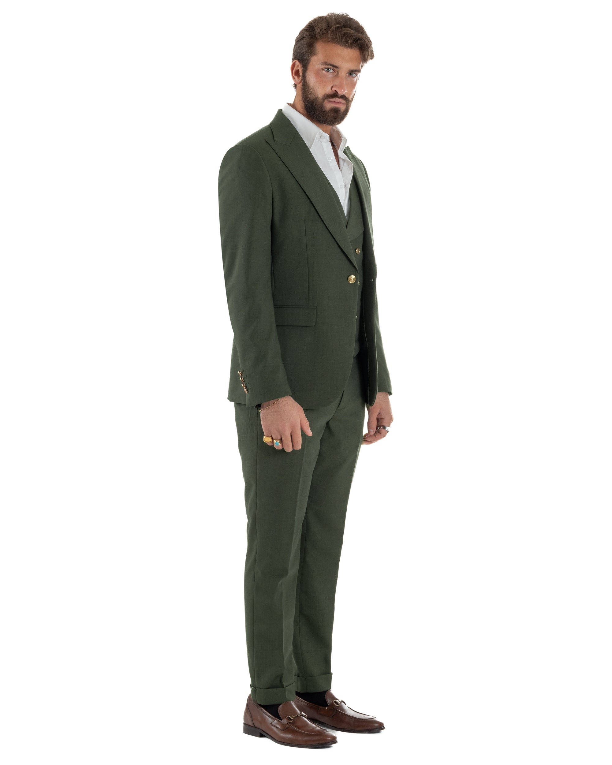 Men's Suit Single-breasted 3-piece Gold Button Vest Military Green GIOSAL-AE1226A