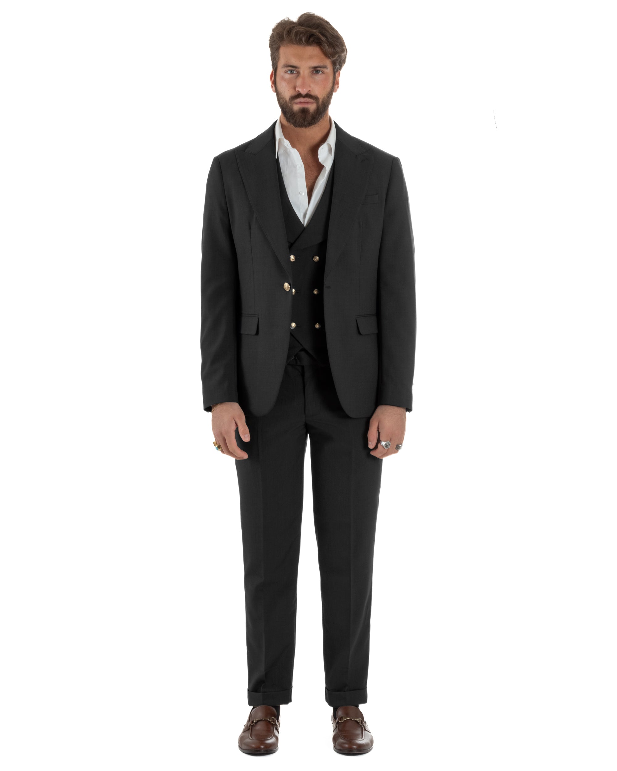 Abito uomo vestito monopetto 3 pezzi panciotto bottoni oro nero GIOSAL-AE1228A