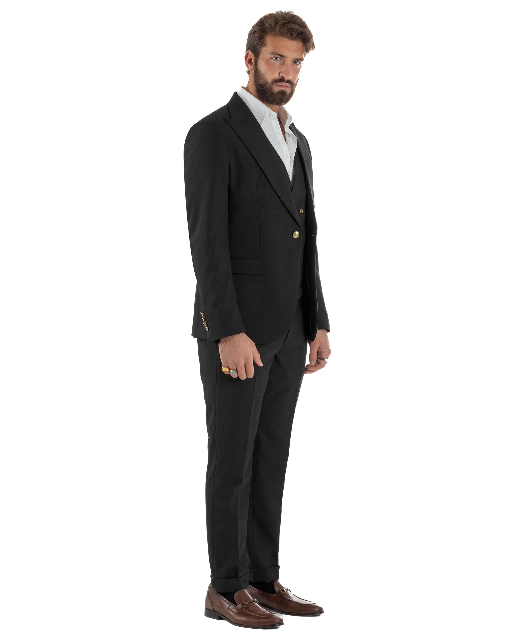 Abito uomo vestito monopetto 3 pezzi panciotto bottoni oro nero GIOSAL-AE1228A