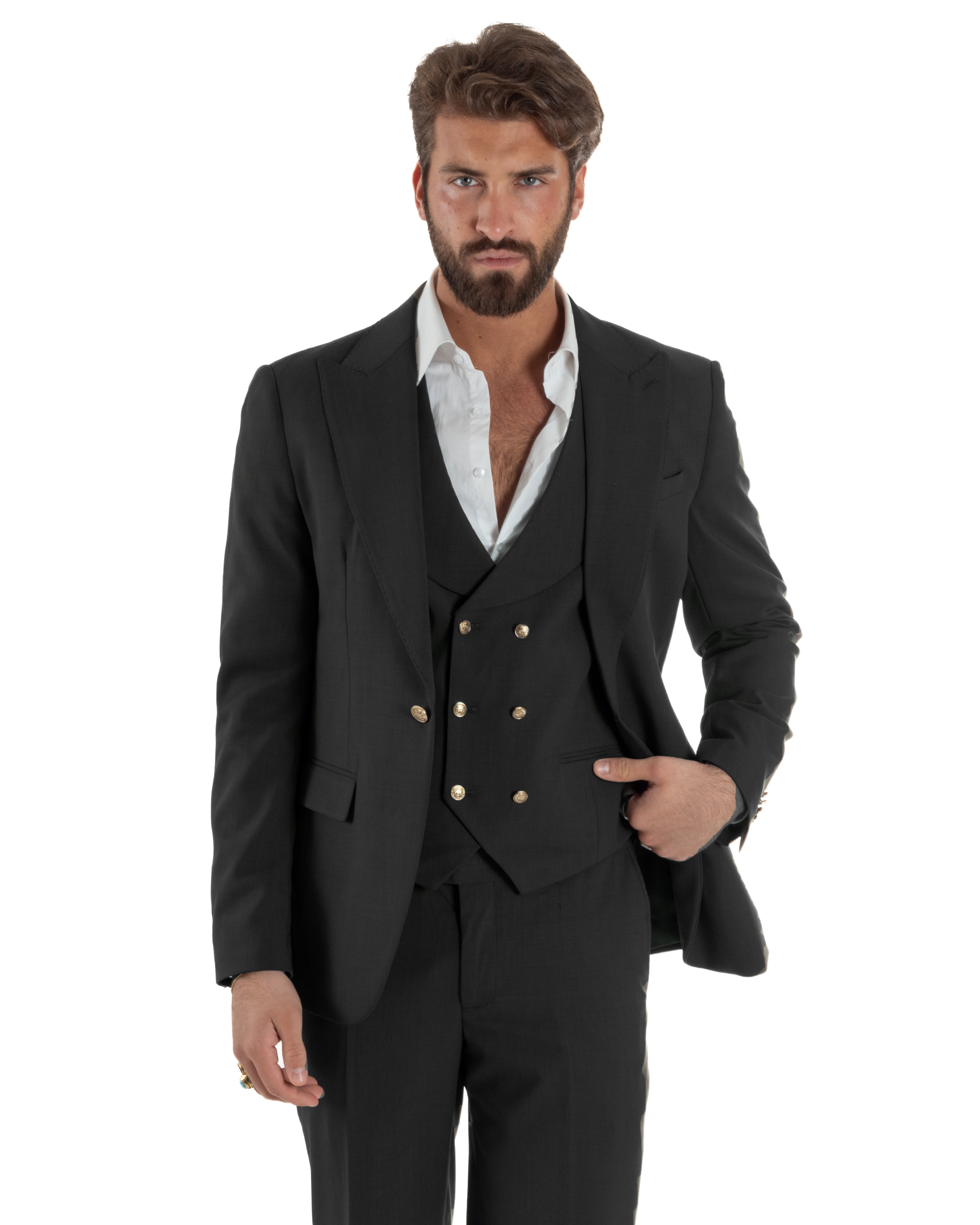 Abito uomo vestito monopetto 3 pezzi panciotto bottoni oro nero GIOSAL-AE1228A