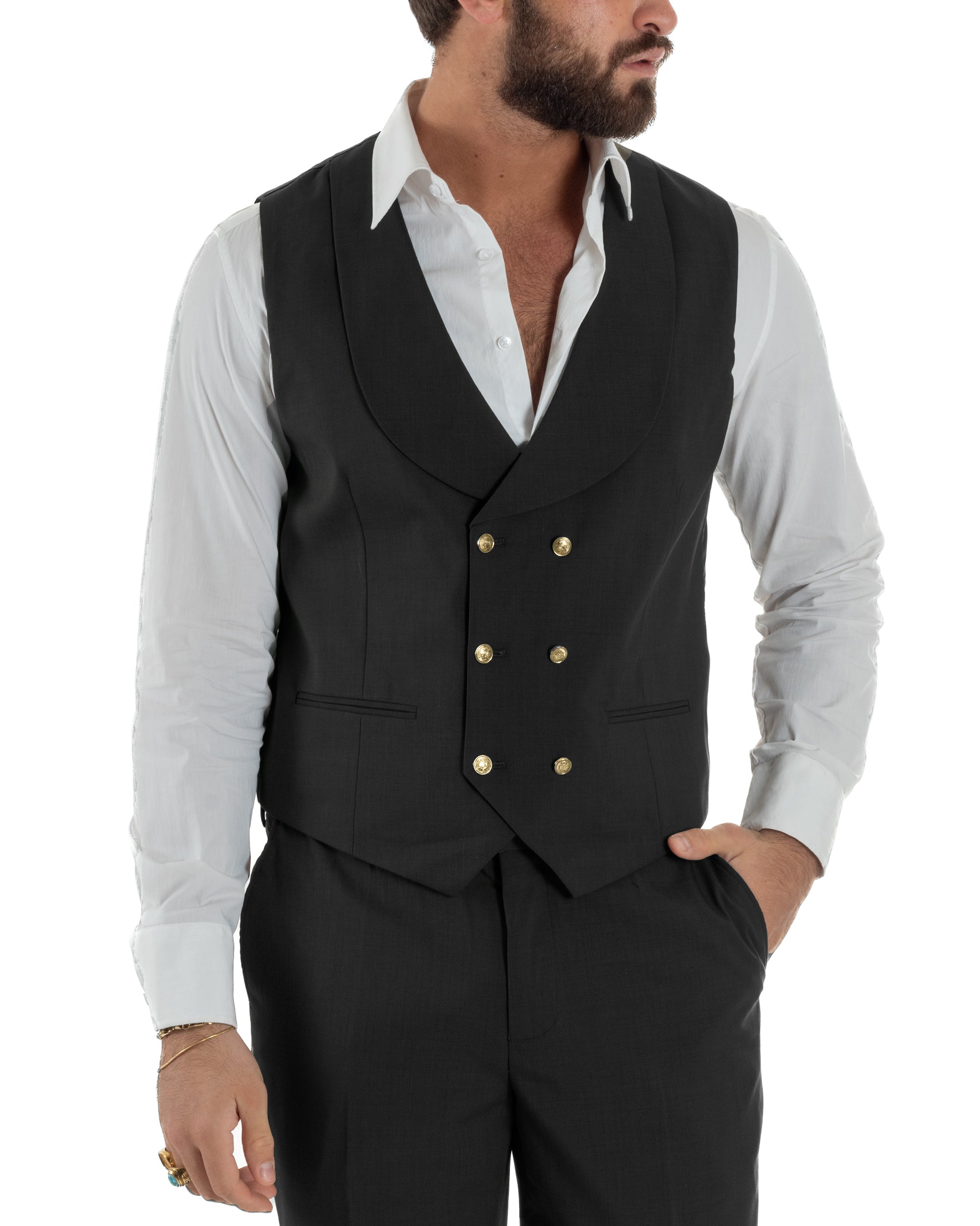 Abito uomo vestito monopetto 3 pezzi panciotto bottoni oro nero GIOSAL-AE1228A