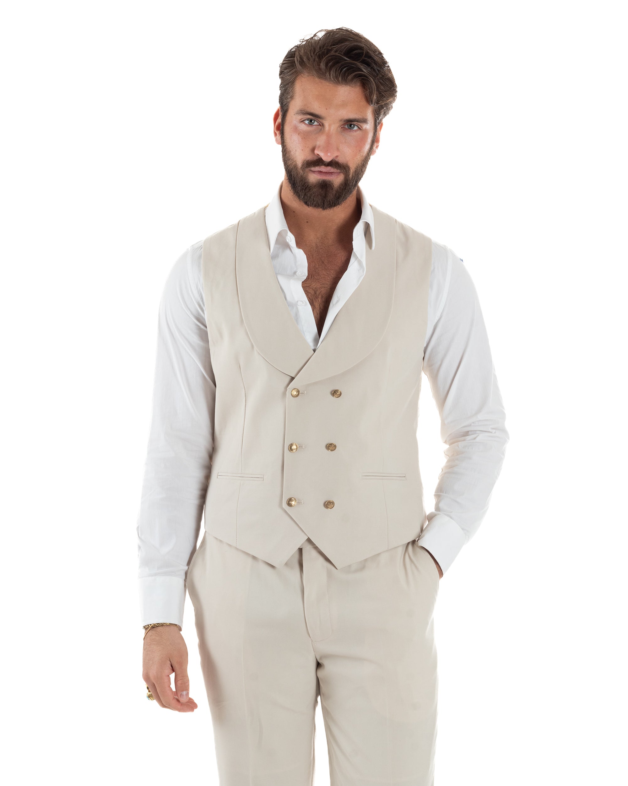 Abito uomo vestito monopetto 3 pezzi panciotto bottoni oro panna GIOSAL-AE1229A