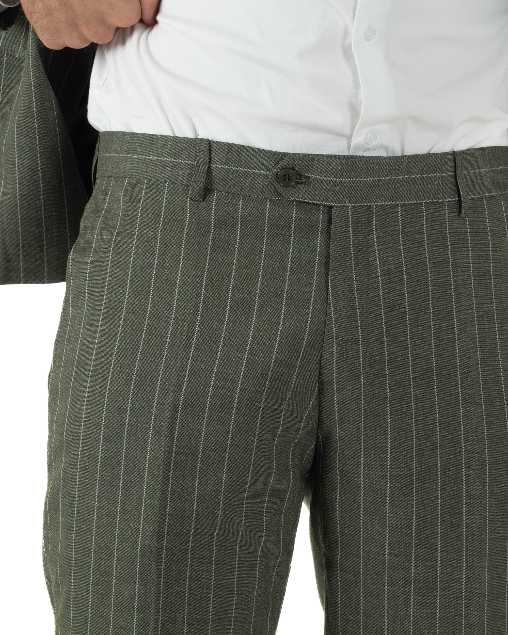 Pantaloni uomo verde gessato con abbottonatura allungata coordinati