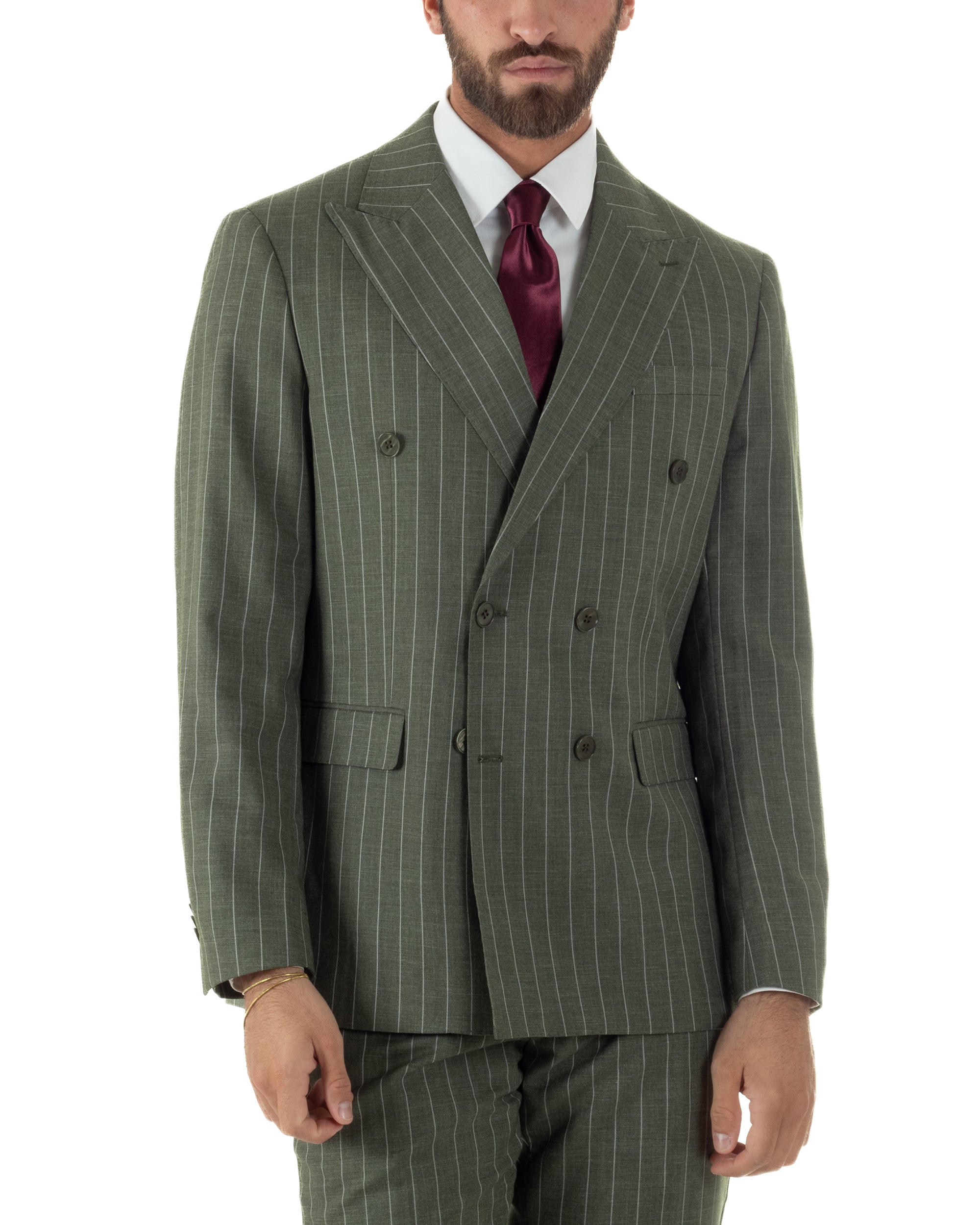 Dettaglio giacca doppiopetto verde gessato con revers classici sartoriale