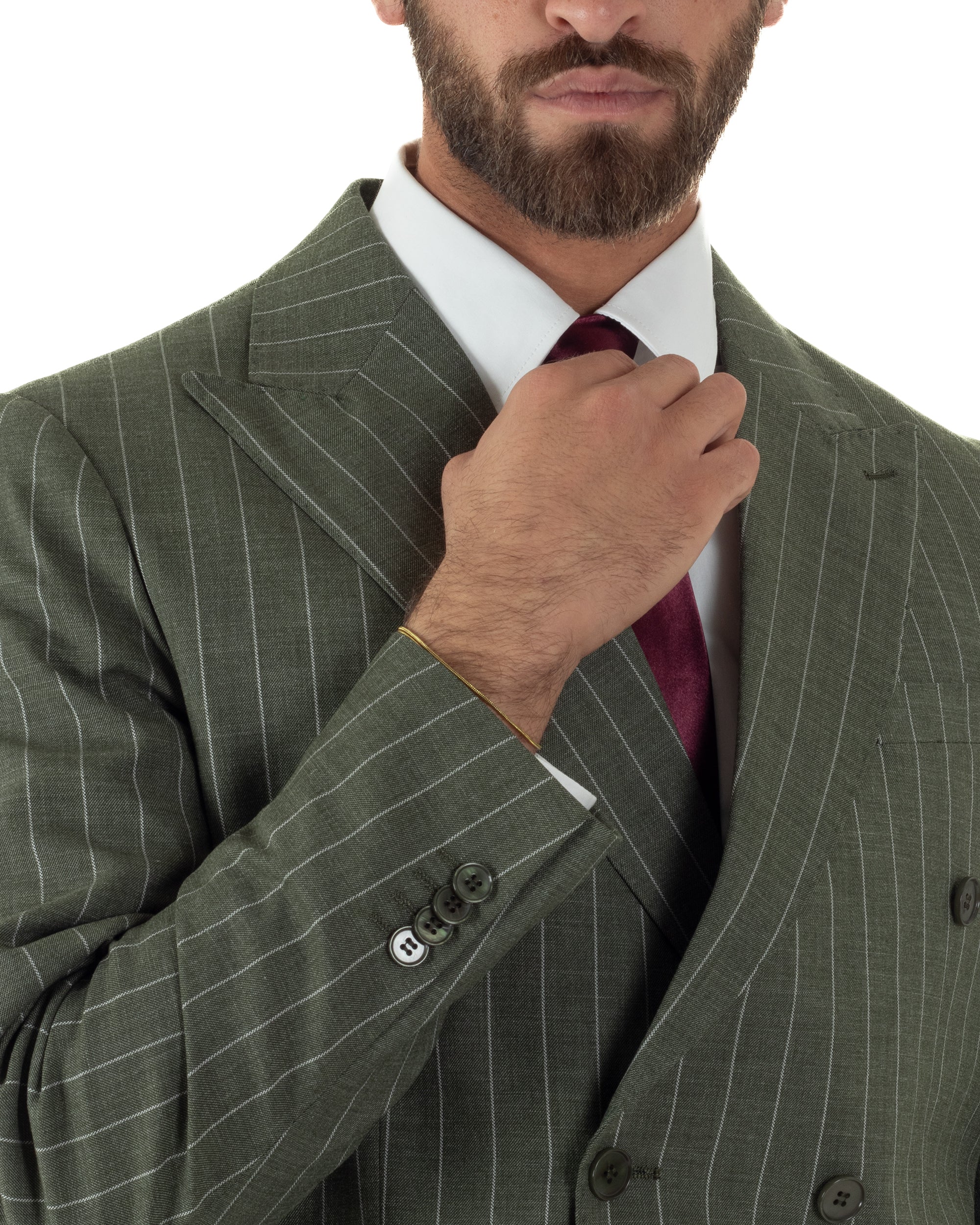 Vista frontale giacca doppiopetto verde gessato sartoriale regular fit uomo