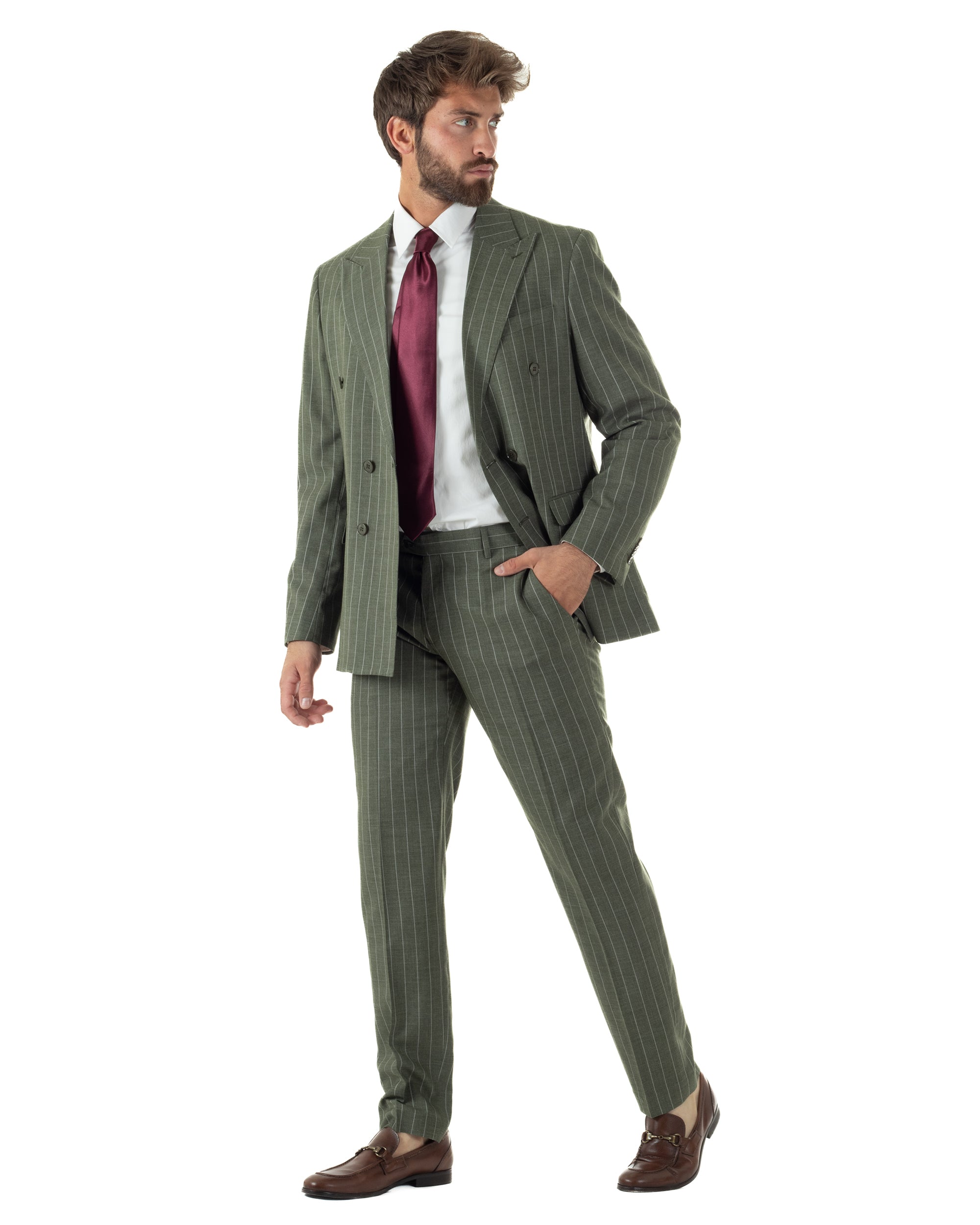 Vista laterale abito uomo verde gessato doppiopetto sartoriale regular fit