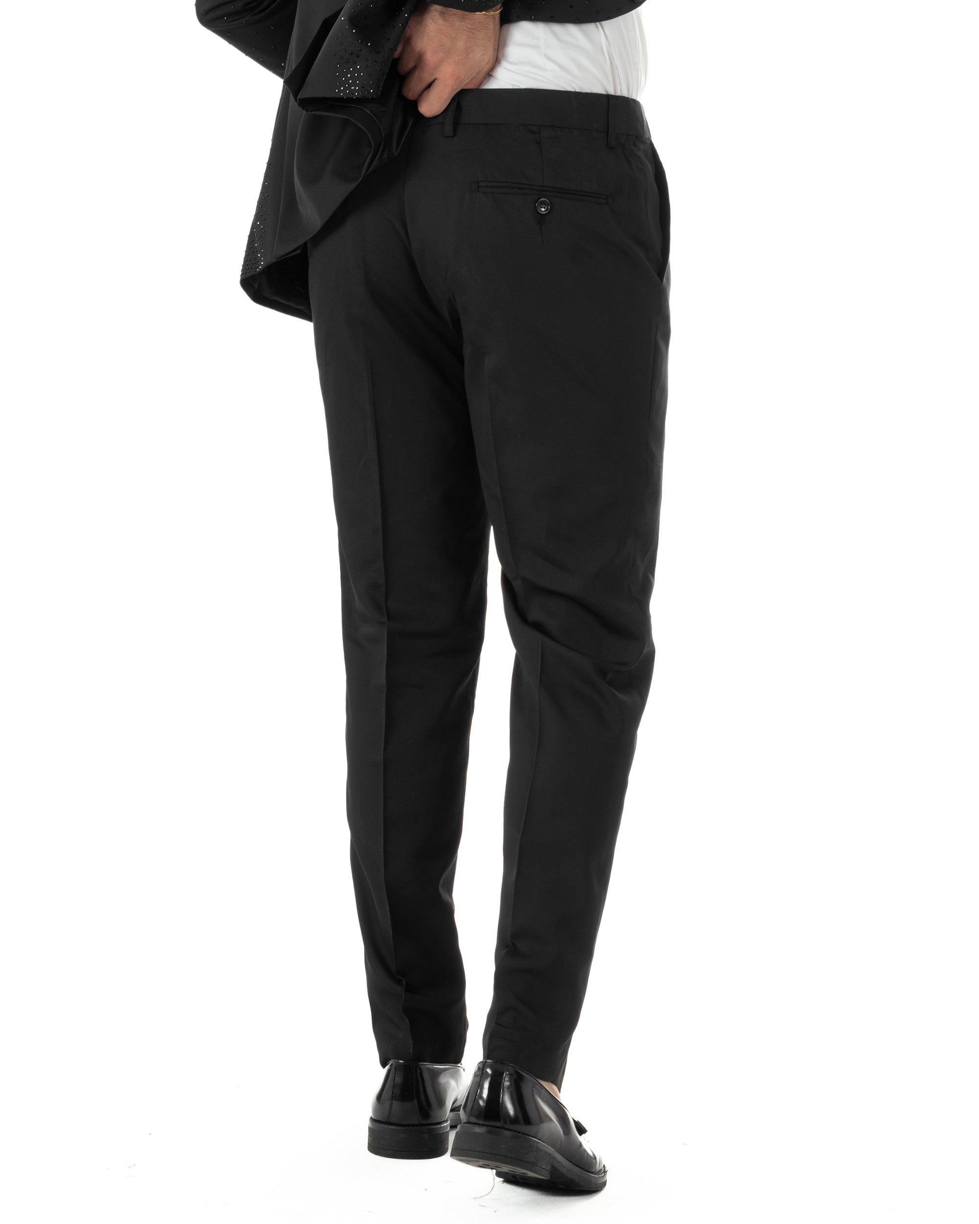 Vista posteriore pantalone uomo smoking nero brillantinato slim fit occasioni speciali