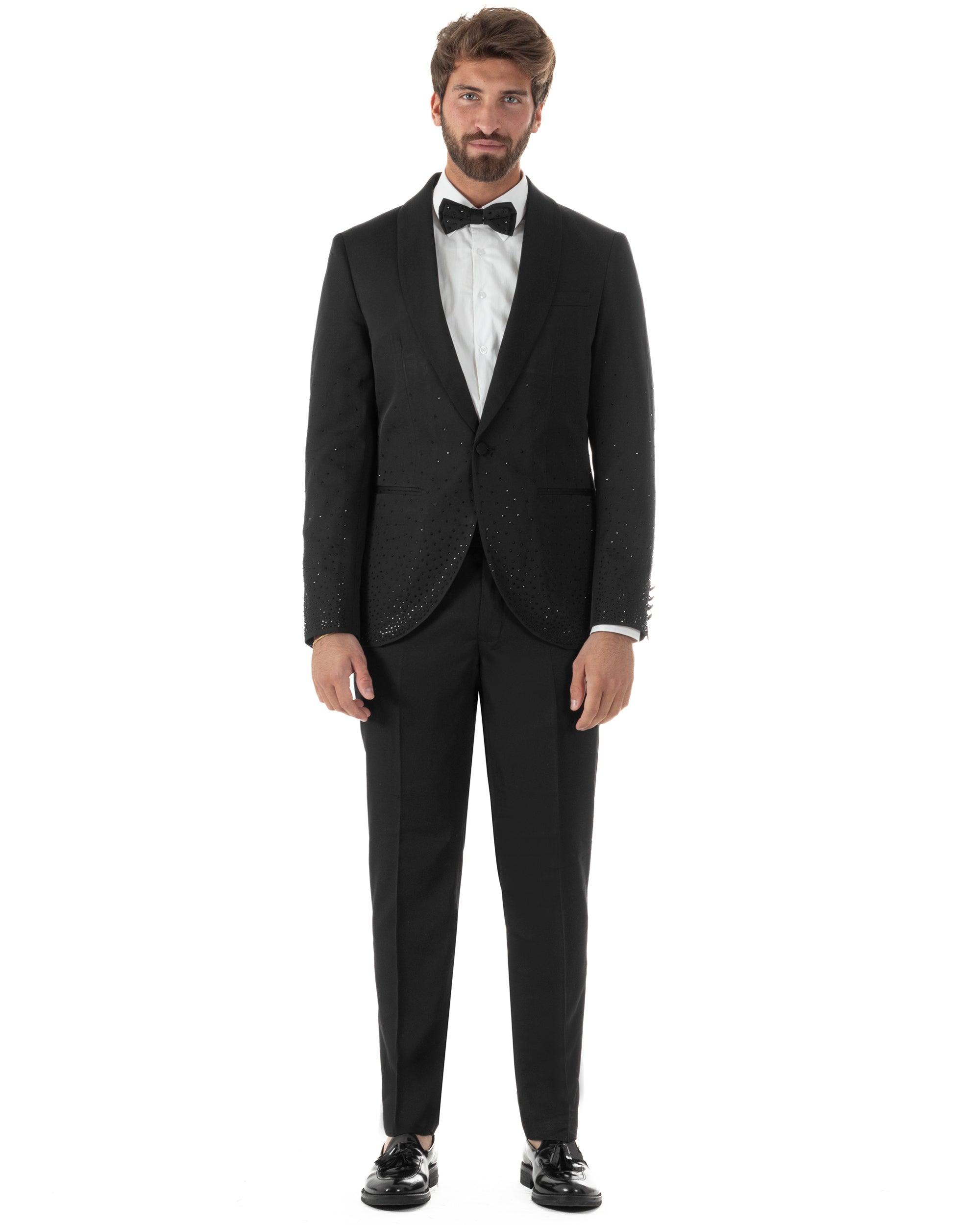 Vista completa abito smoking uomo nero brillantinato matrimonio gala