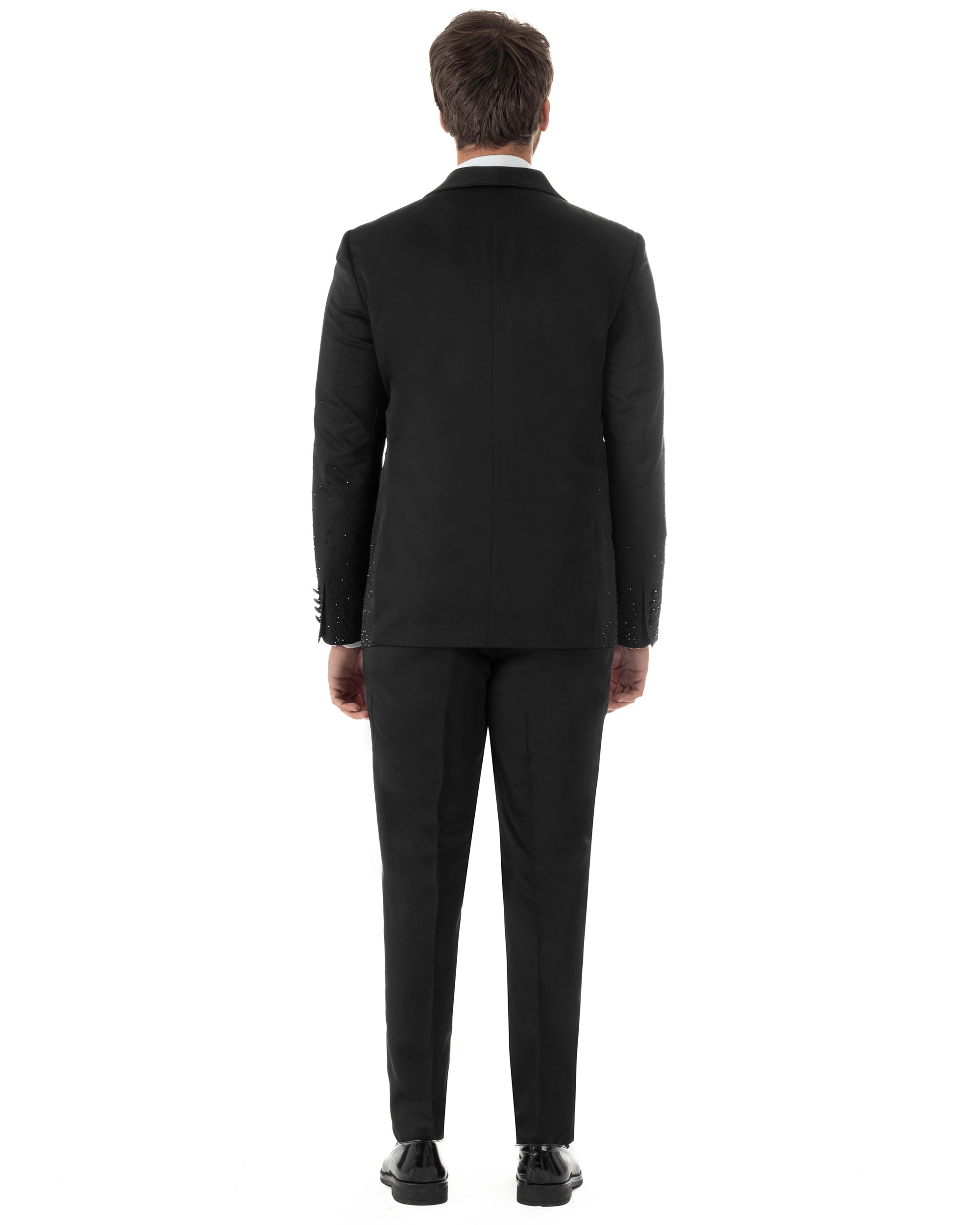 Vista posteriore smoking uomo nero brillantinato slim fit gala cerimonia