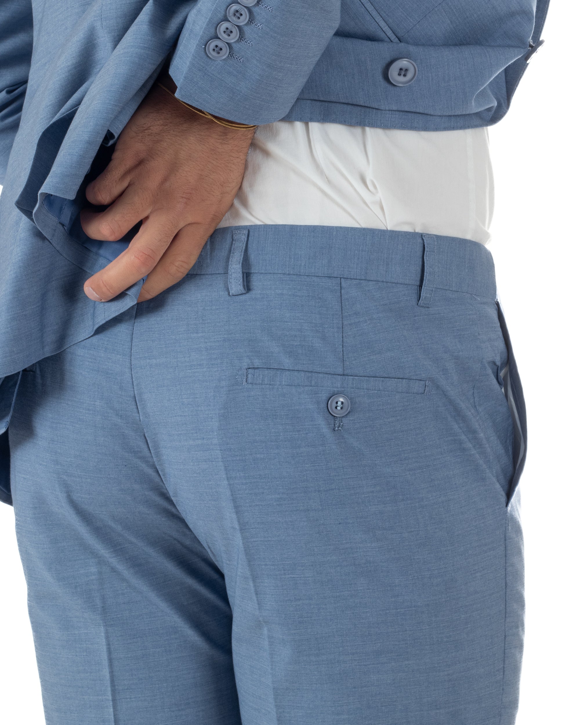 Vista posteriore giacca doppiopetto denim con 2 aperture sartoriale uomo