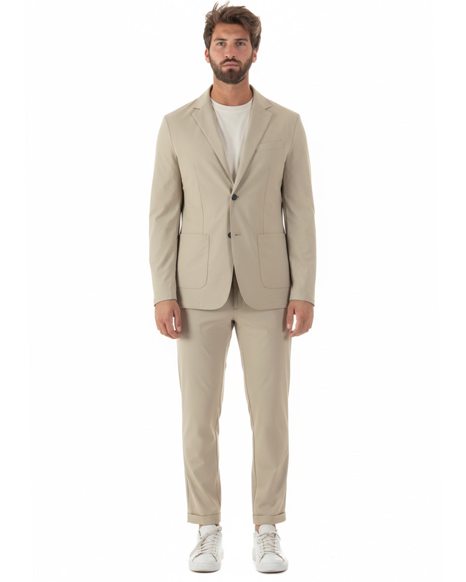 Vista completa abito uomo beige monopetto no stiro impermeabile